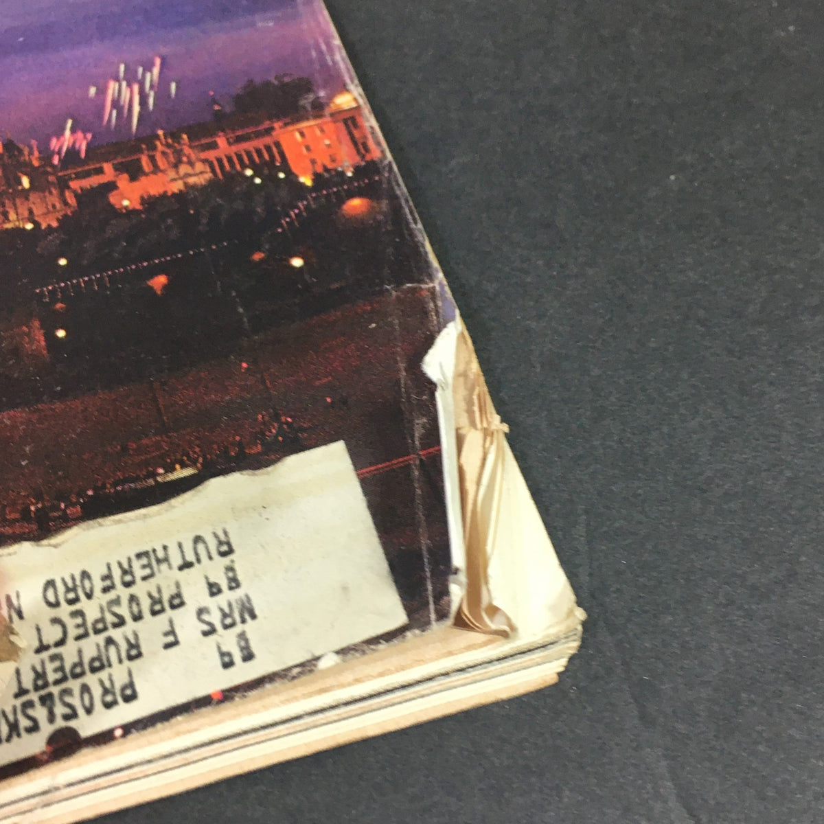 Close-up view of the corner of VTG The Saturday Evening Post November 4, 1967 showing the magazine's address label and minor wear, emphasizing its vintage condition.