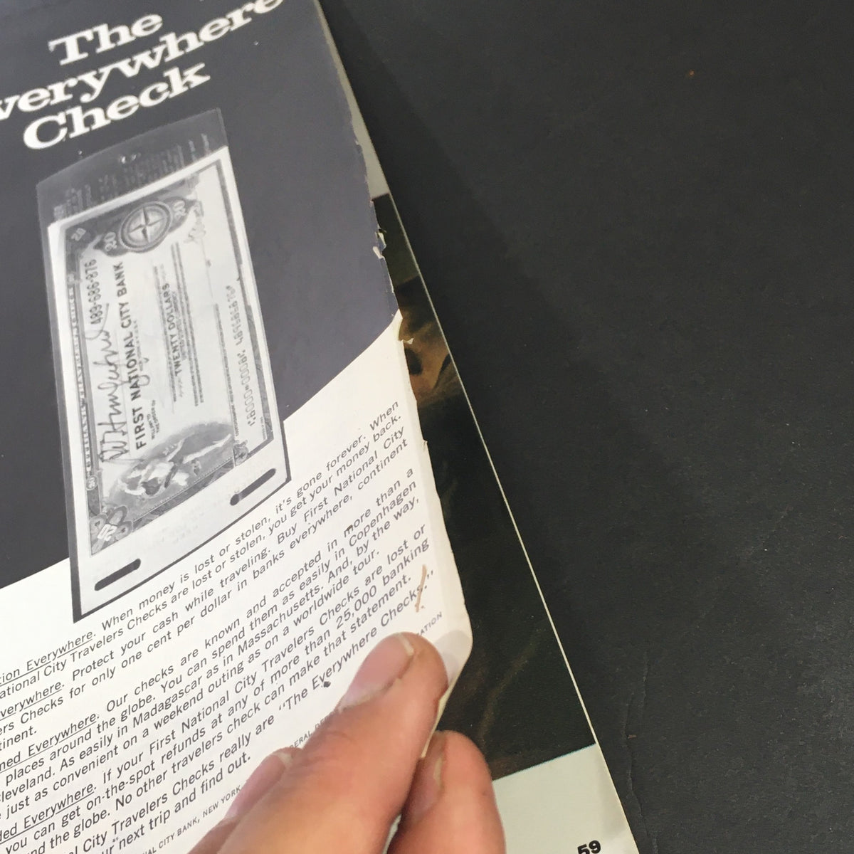 Close-up image of a page from The Saturday Evening Post July 13, 1968, showcasing an advertisement with a reference to the Everywhere Check.