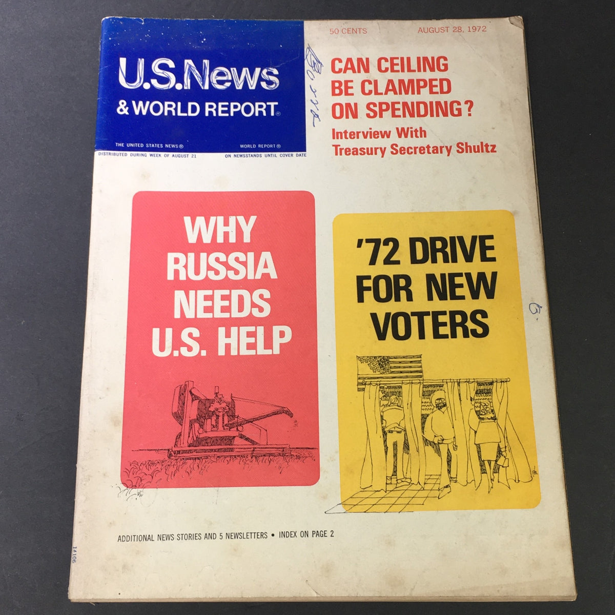 Cover of VTG U.S. News & World Report August 28 1972 featuring the headline 'Why Russia Needs U.S. Help' with illustrations and text about the geopolitical landscape during the Cold War.