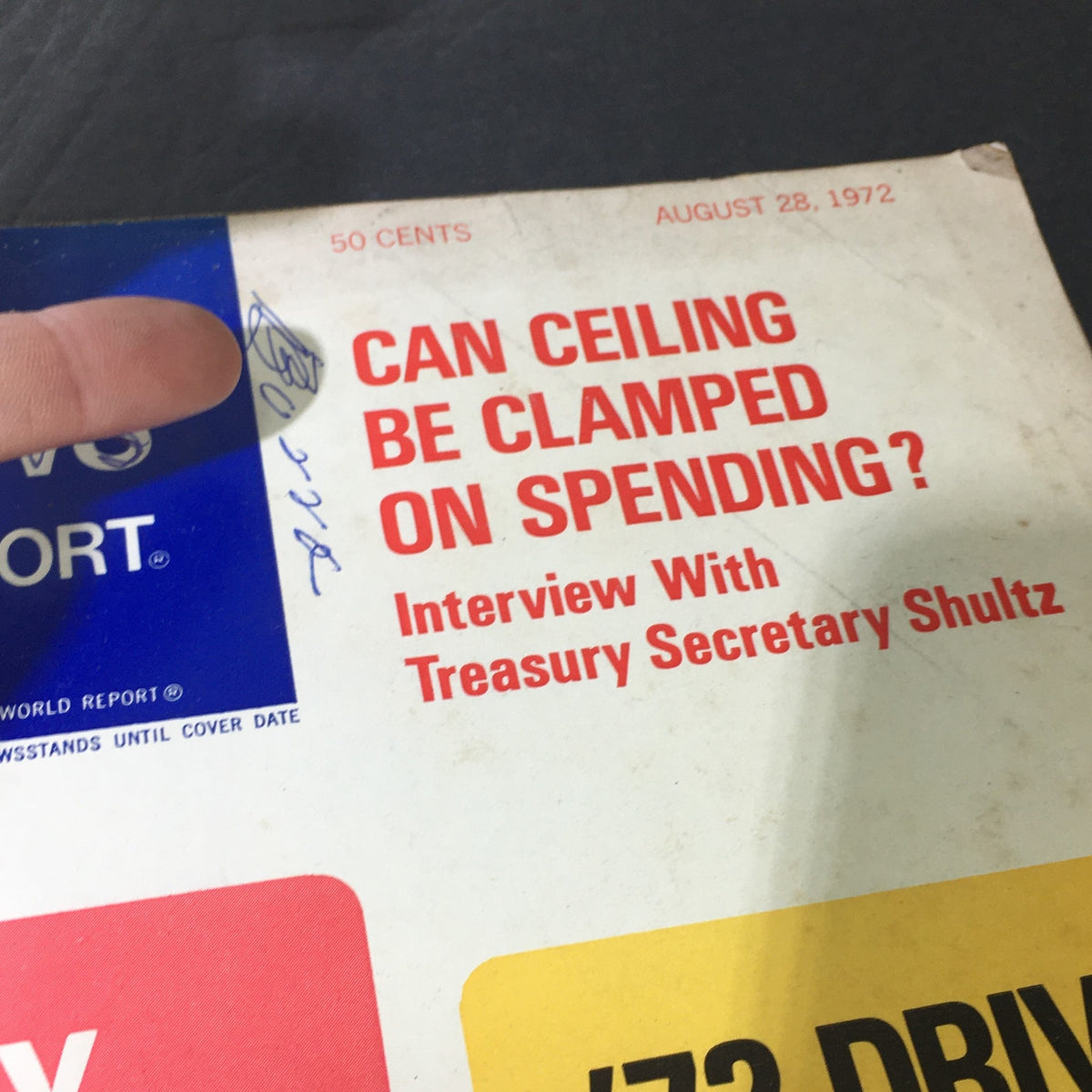 Close-up of the vintage U.S. News & World Report magazine from August 28, 1972, highlighting the cover with a feature on spending and an interview with Treasury Secretary Shultz.