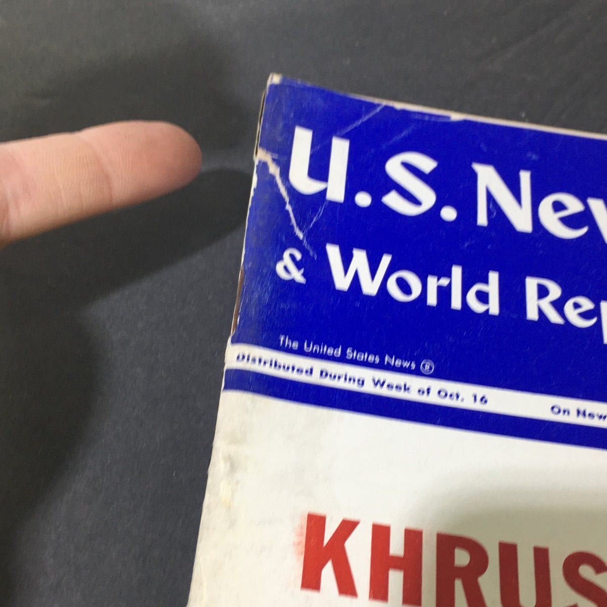 Close-up of the cover of the VTG U.S. News & World Report October 23 1961 featuring Nikita Khruschev Master Strategy, showing minor wear and damage.