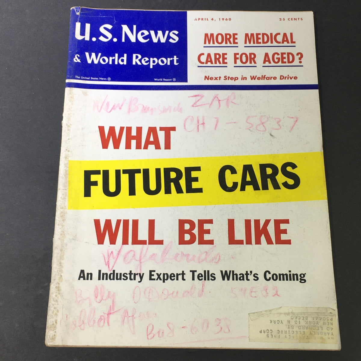 Cover of VTG U.S. News & World Report April 4 1960 featuring the headline 'More Medical Care For Aged?' alongside an analysis of future cars.