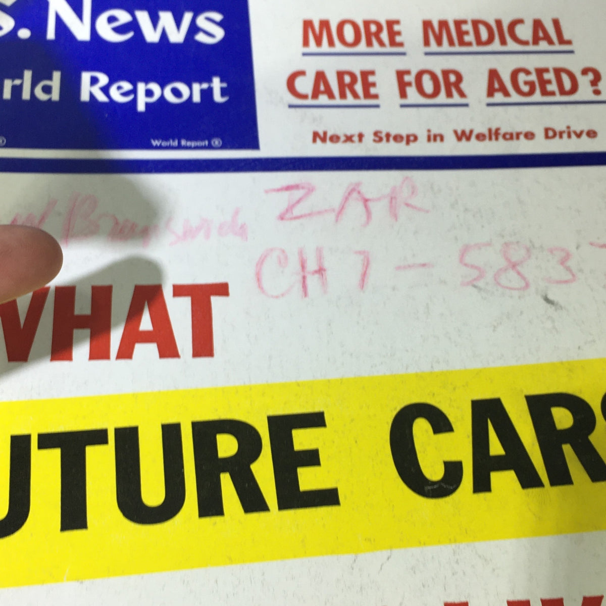 Close-up of the cover of VTG U.S. News & World Report April 4 1960, highlighting writing on the cover including 'More Medical Care For Aged?'