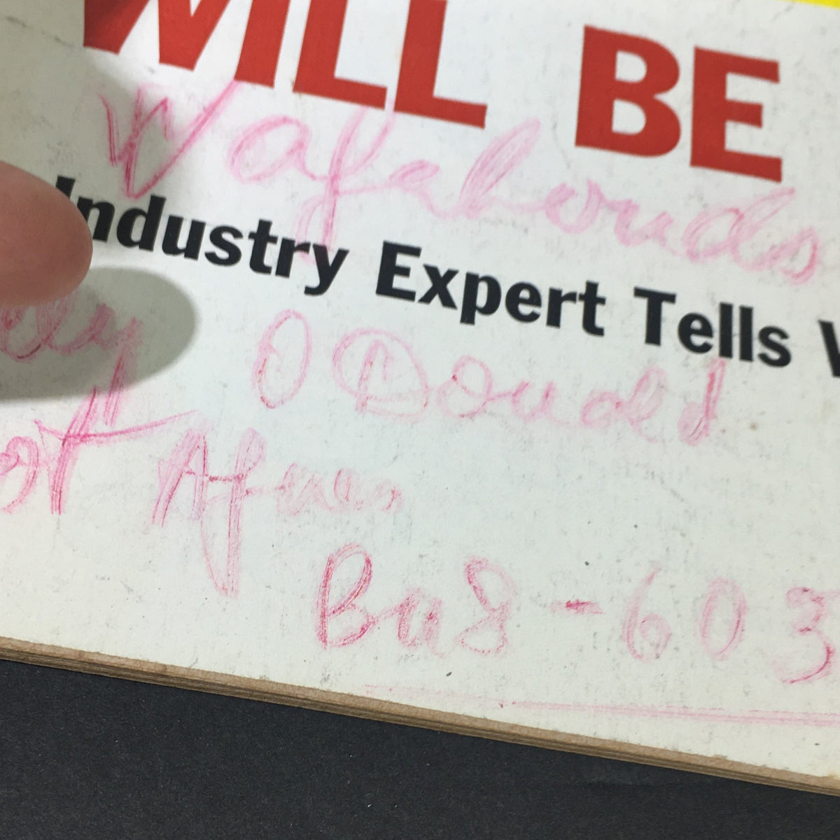 Detailed view of the cover of VTG U.S. News & World Report April 4 1960, focusing on handwritten notes and the title 'What Future Cars Will Be Like'.