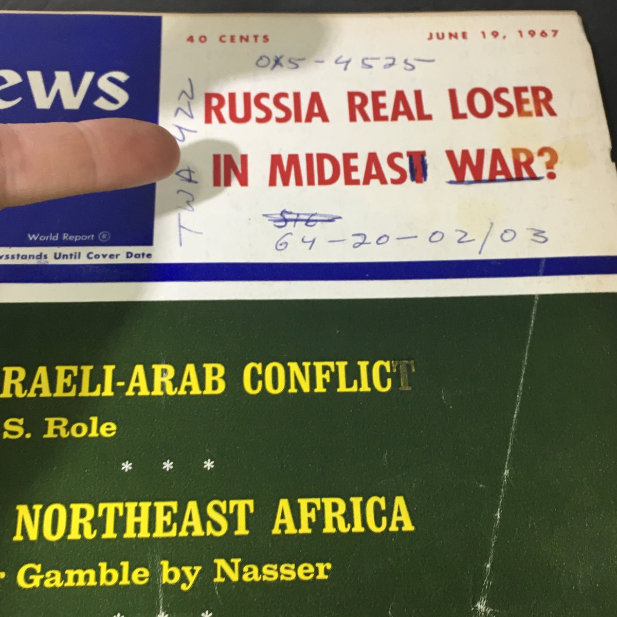 Close-up of the cover of VTG U.S. News & World Report from June 19, 1967, highlighting key topics such as the Israeli-Arab Conflict and geopolitical analysis.