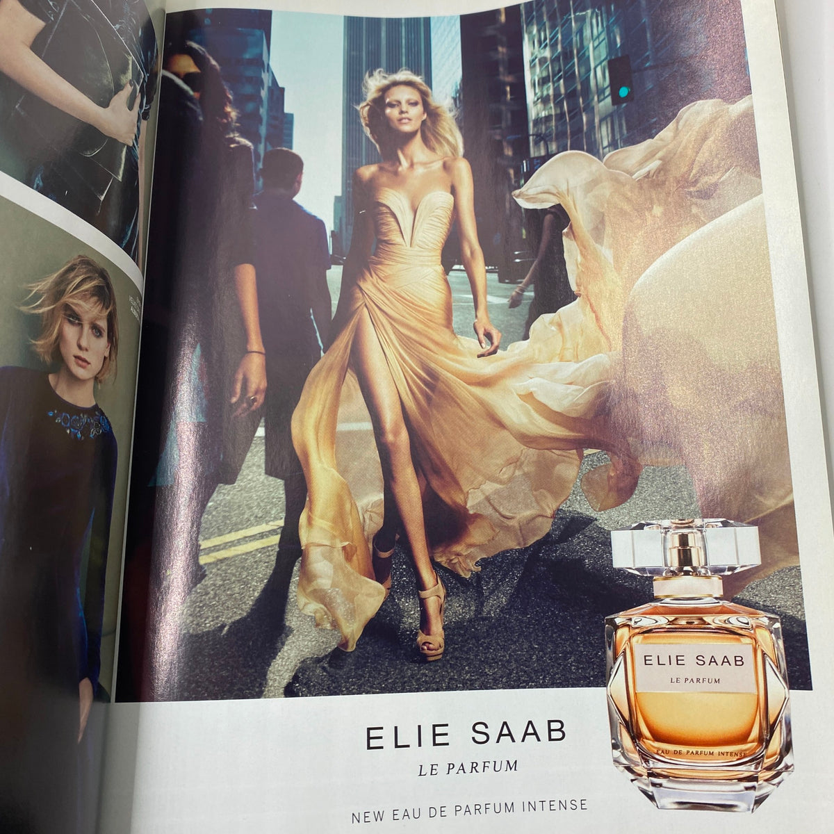 Fashion advertisement for Elie Saab Le Parfum from British Vogue UK Magazine October 2013, featuring a stunning model in a flowing gown.