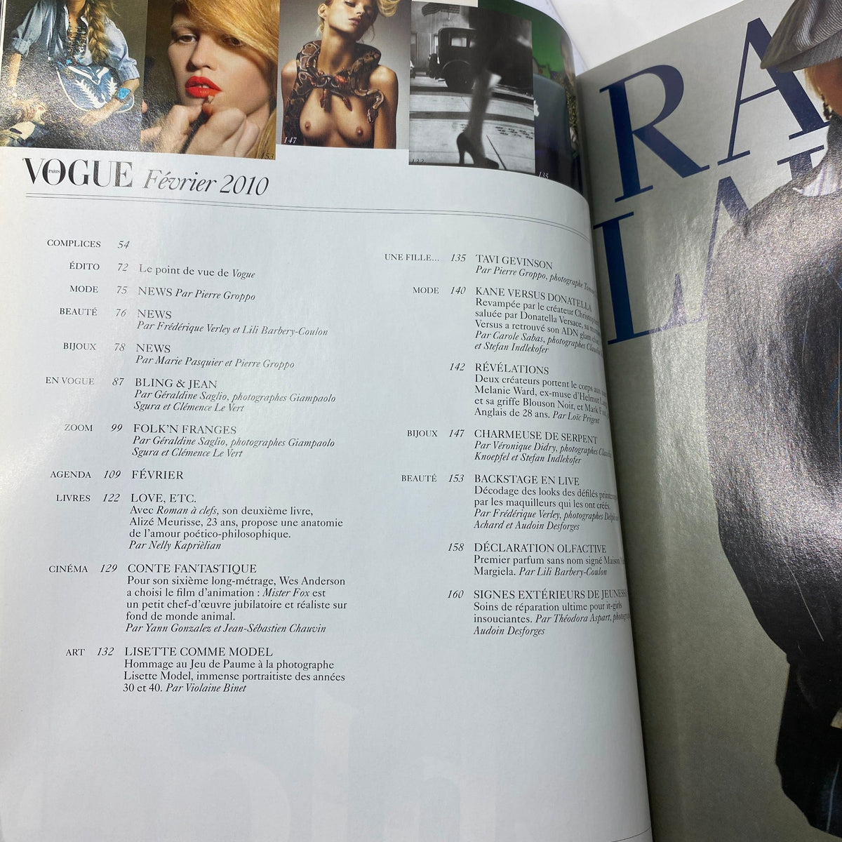 Interior page of Vogue Paris Magazine February 2010, displaying the table of contents highlighting fashion features.
