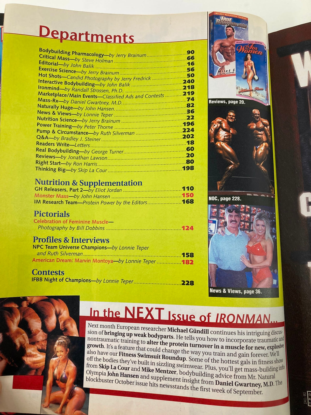 Table of contents page from Ironman Magazine September 2000, outlining key features such as bodybuilding pharmacology and interviews with NPC Team Universe champions.