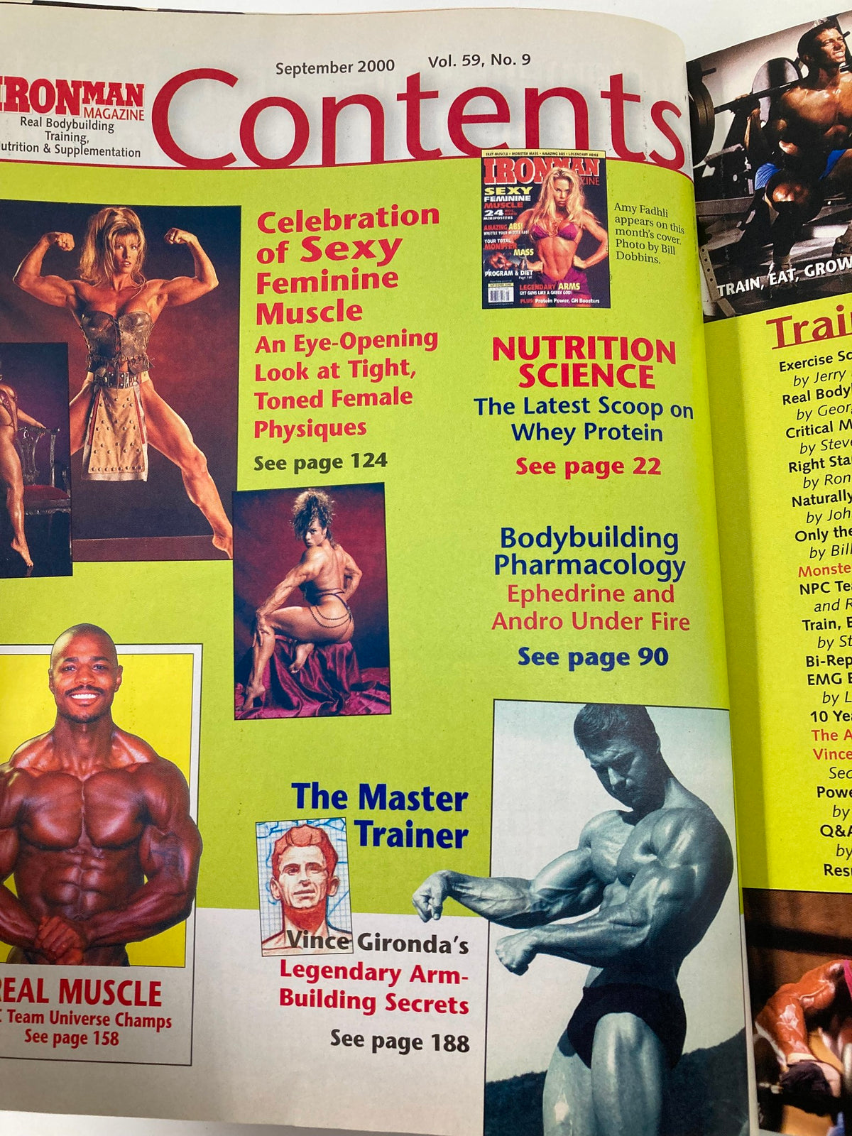 Contents page of Ironman Magazine September 2000 showing articles on nutrition science and training tips, emphasizing the magazine's focus on bodybuilding and fitness.