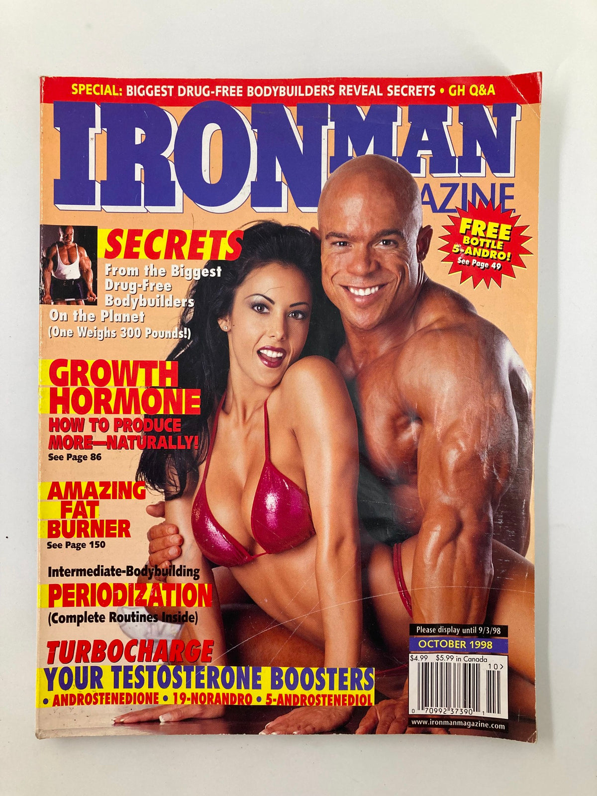 Ironman Magazine October 1998 cover featuring Skip La Cour and Linda O'Neil, showcasing secrets from drug-free bodybuilders, growth hormone tips, and fitness advice.