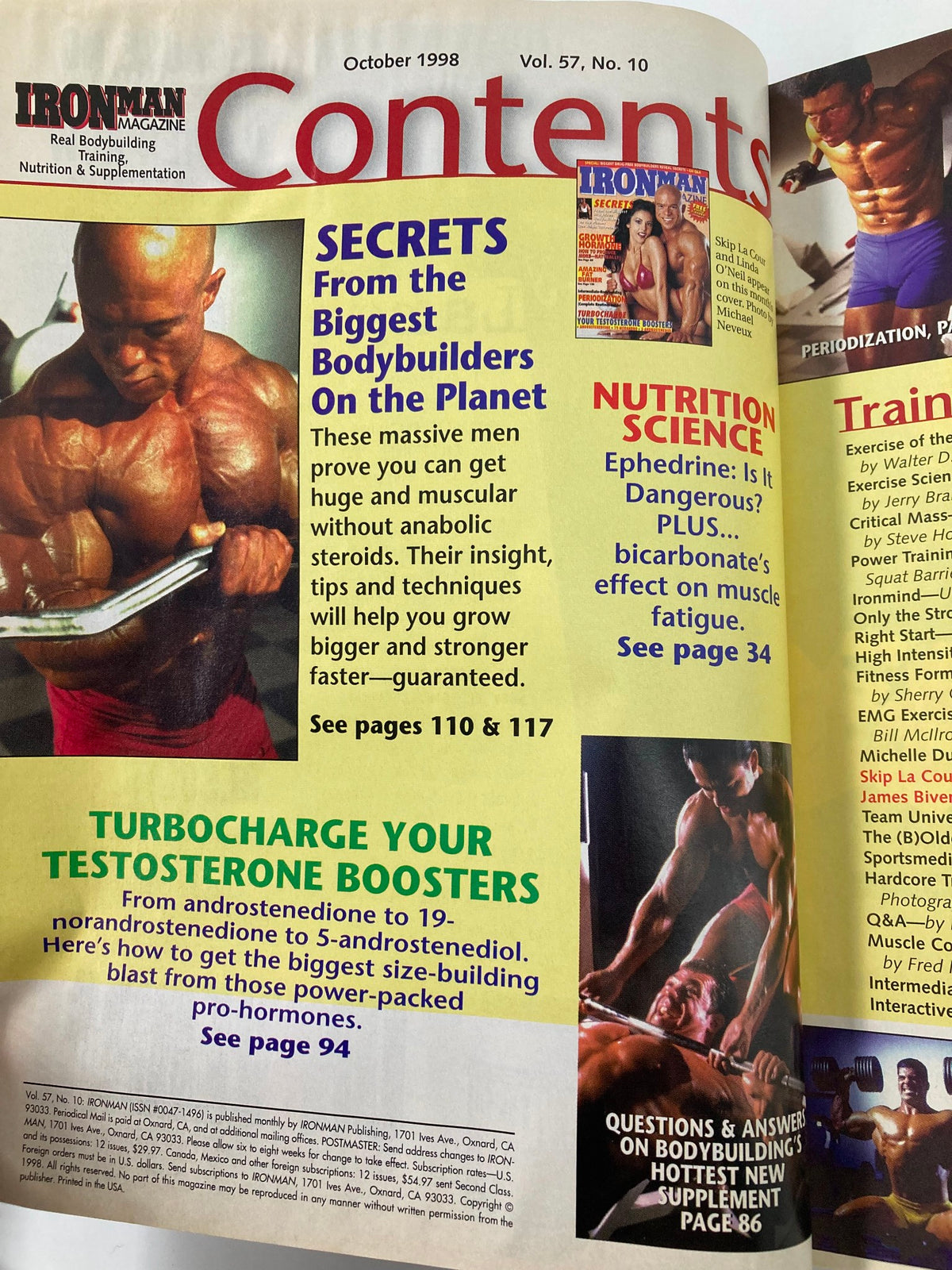 Contents page of Ironman Magazine October 1998, summarizing key articles on bodybuilding secrets, nutrition science, and training tips.