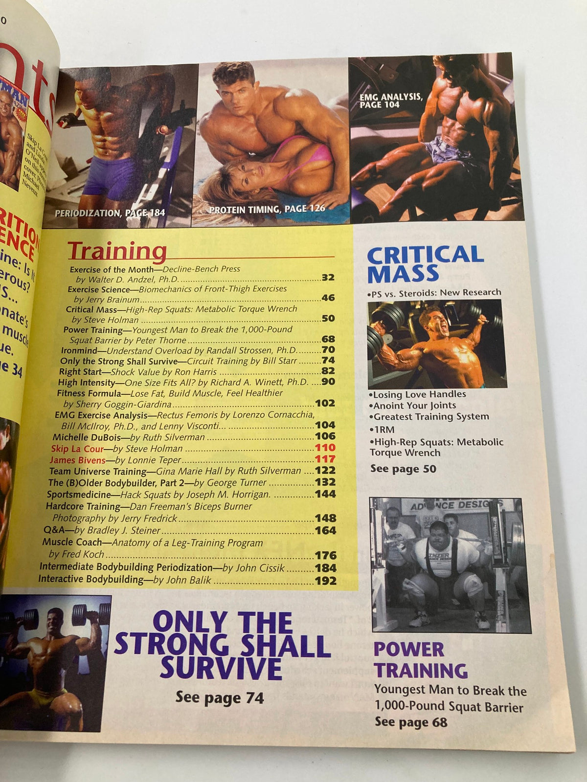 Another contents page of Ironman Magazine October 1998 detailing fitness articles, including training strategies and power training insights.