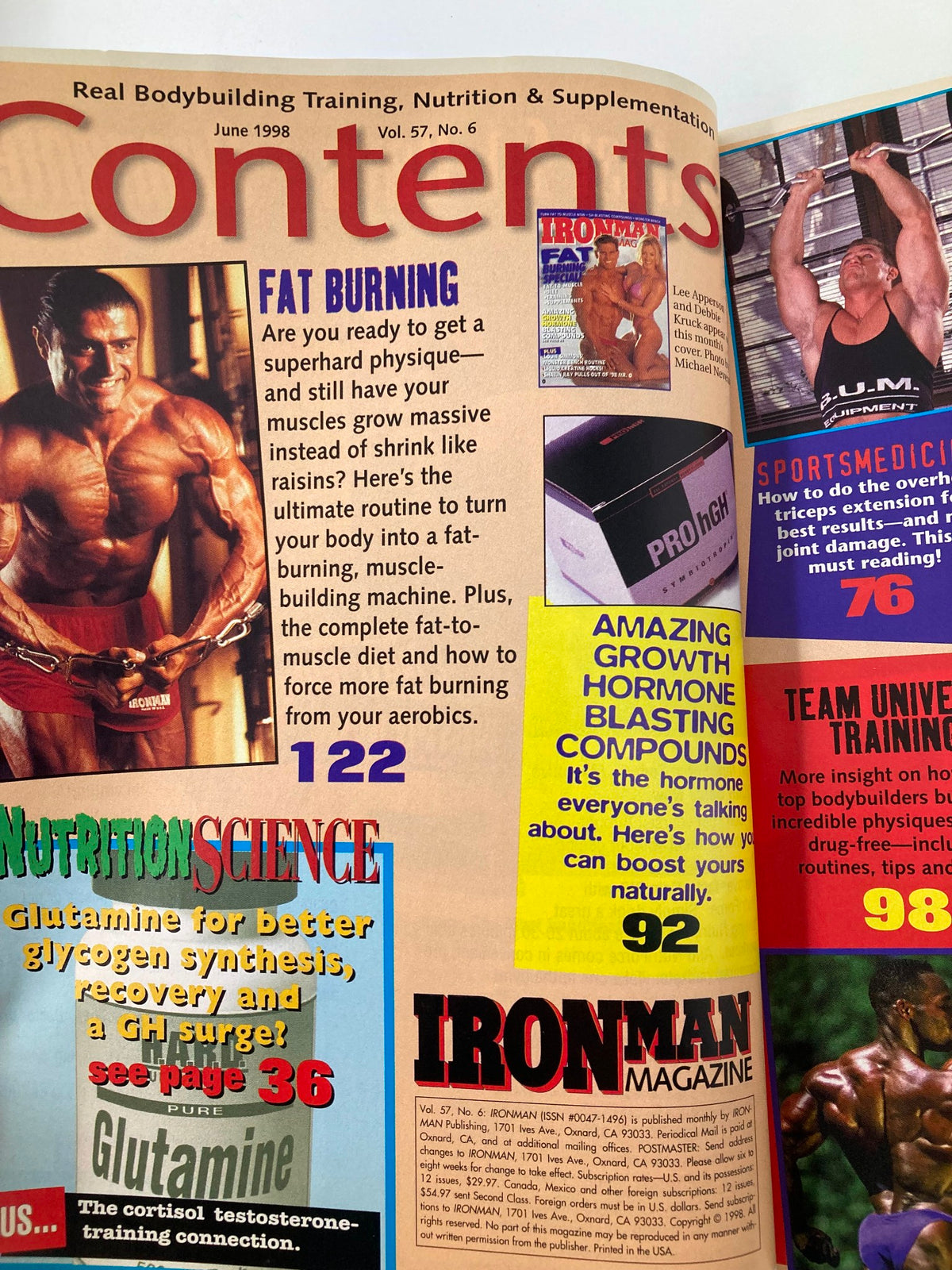 Contents page of Ironman Magazine June 1998 detailing articles on fat burning, nutrition science, and bodybuilding training.