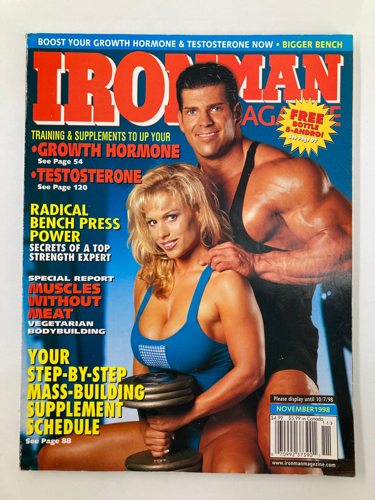 Cover of Ironman Magazine, November 1998 featuring Rich Piana and Christina Hunter, showcasing fitness tips and supplements for bodybuilding.