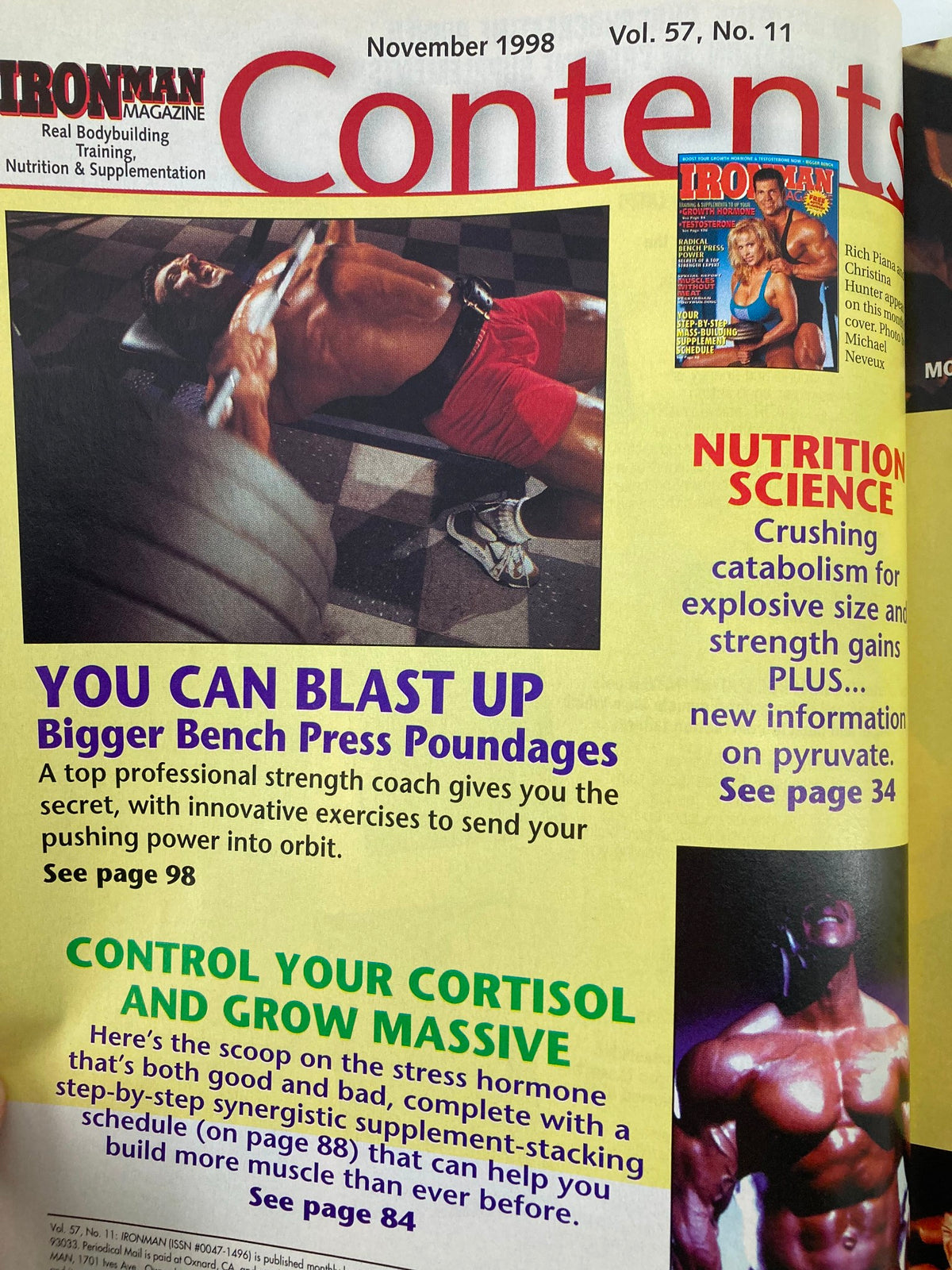 Contents page of Ironman Magazine, November 1998 detailing articles on strength training, nutrition, and bodybuilding techniques.