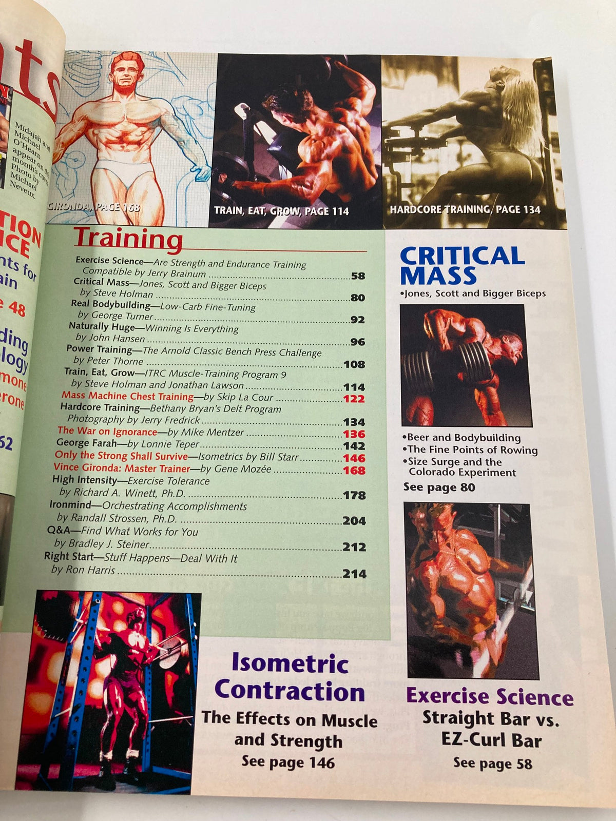 Contents page of Ironman Magazine July 2000, outlining various fitness training articles and sections related to bodybuilding and exercise.