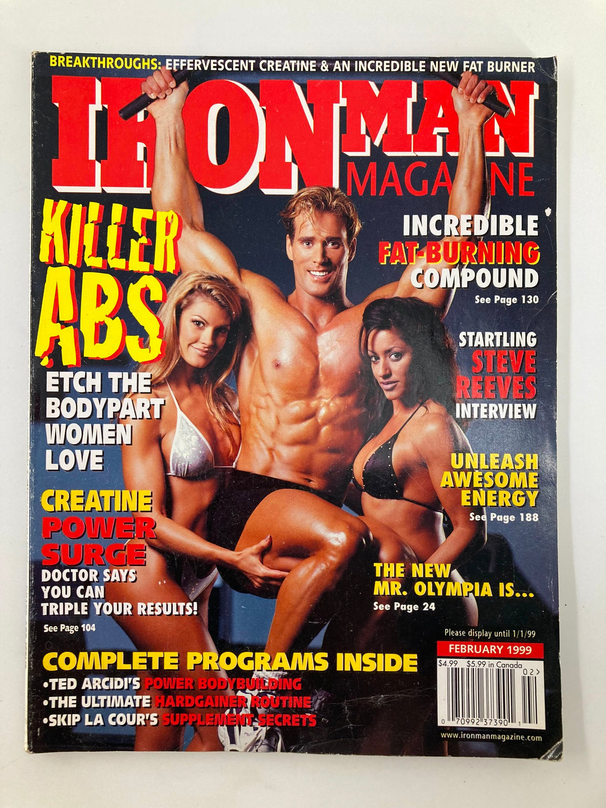 Ironman Magazine February 1999 featuring Mike O'Hearn and Christina Bybee on the cover, showcasing bodybuilding tips and fitness culture of the late 90s.