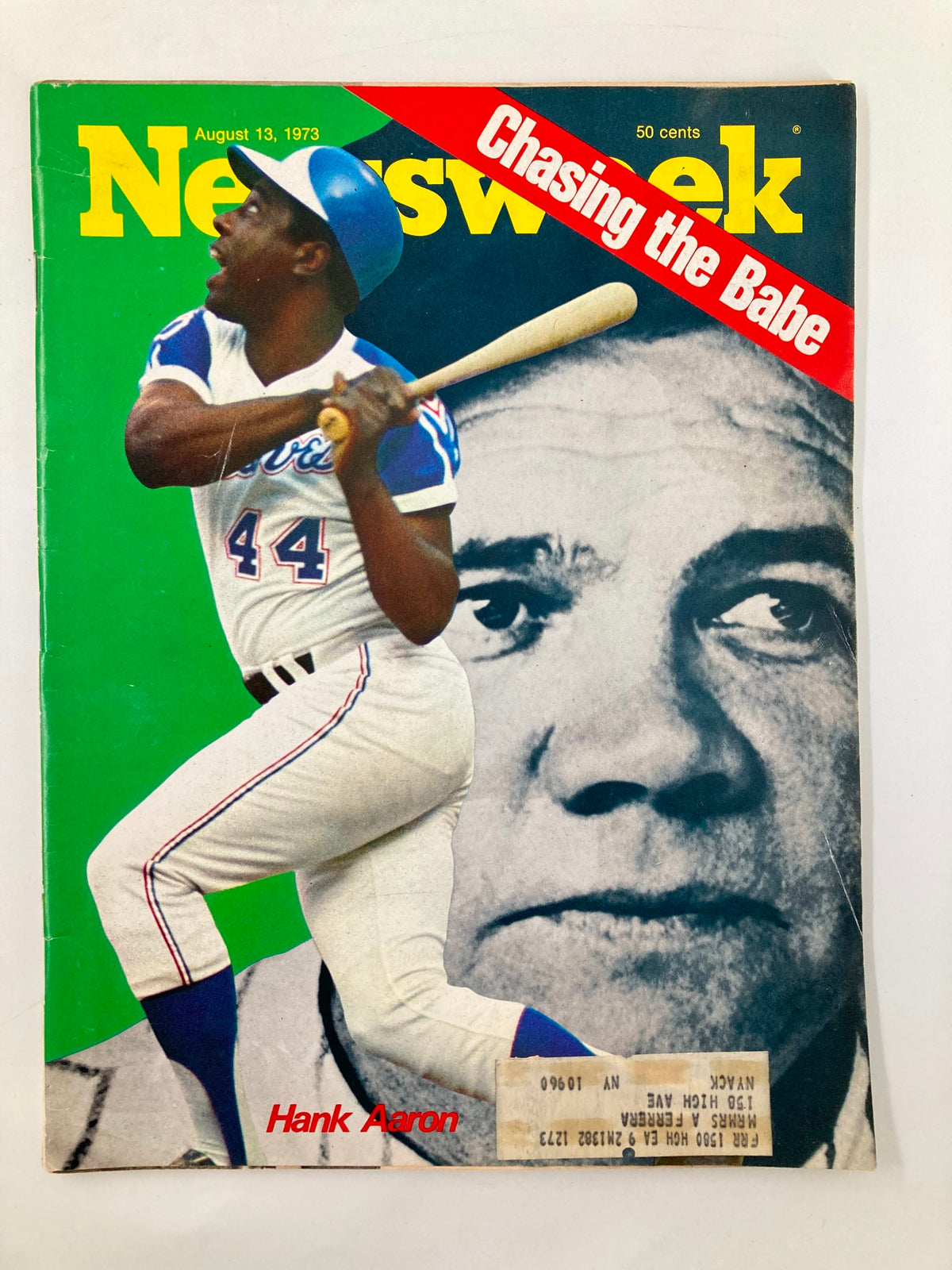 Vintage Newsweek magazine from August 13, 1973 featuring Hank Aaron on the cover, with a prominent headline 'Chasing the Babe' and a background of Babe Ruth's image.
