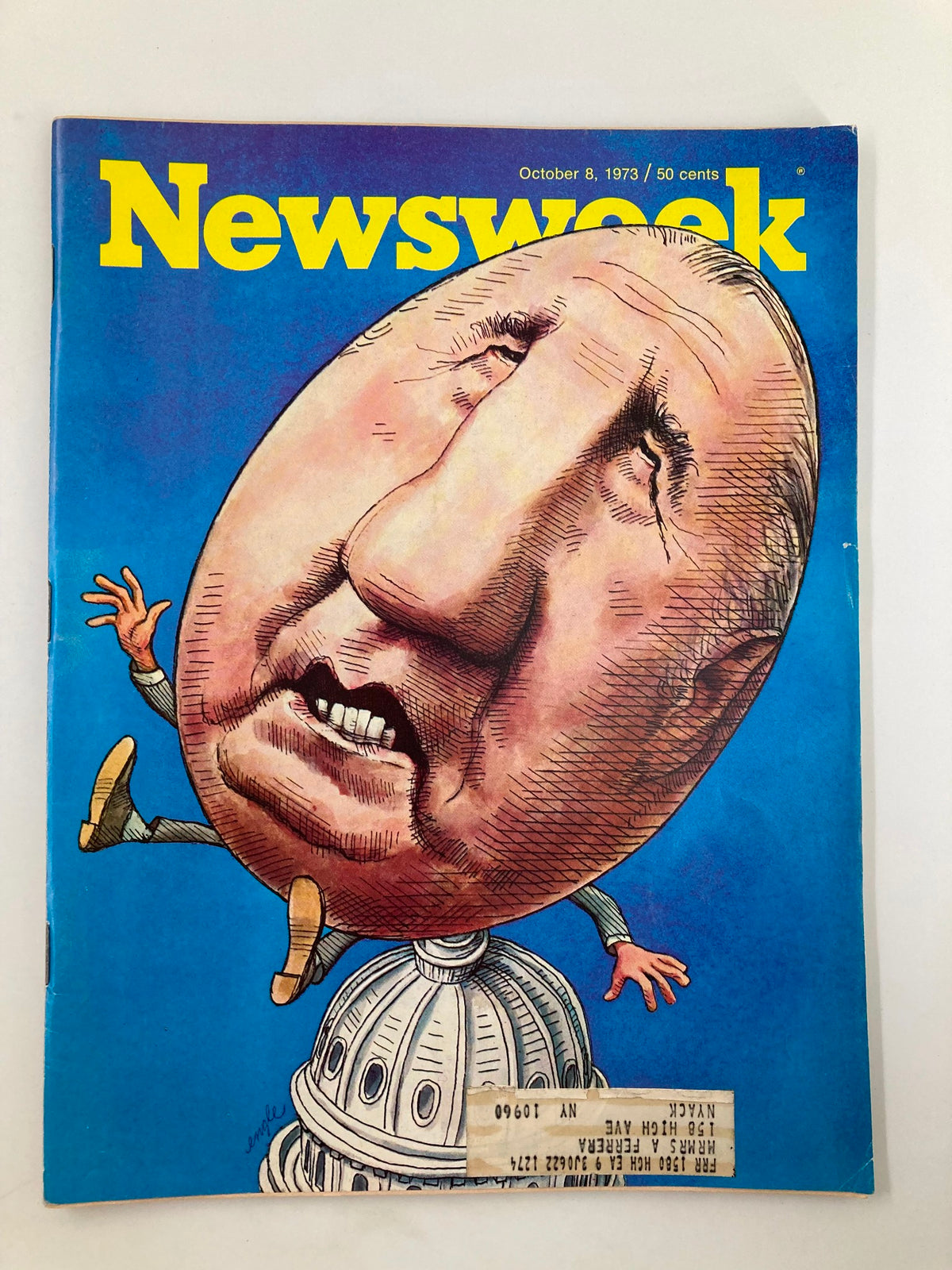 Cover of the Vintage Newsweek Magazine from October 8, 1973, featuring a cartoon representation of Spiro Agnew, depicting him dramatically atop a dome, encapsulating a moment in American political history.