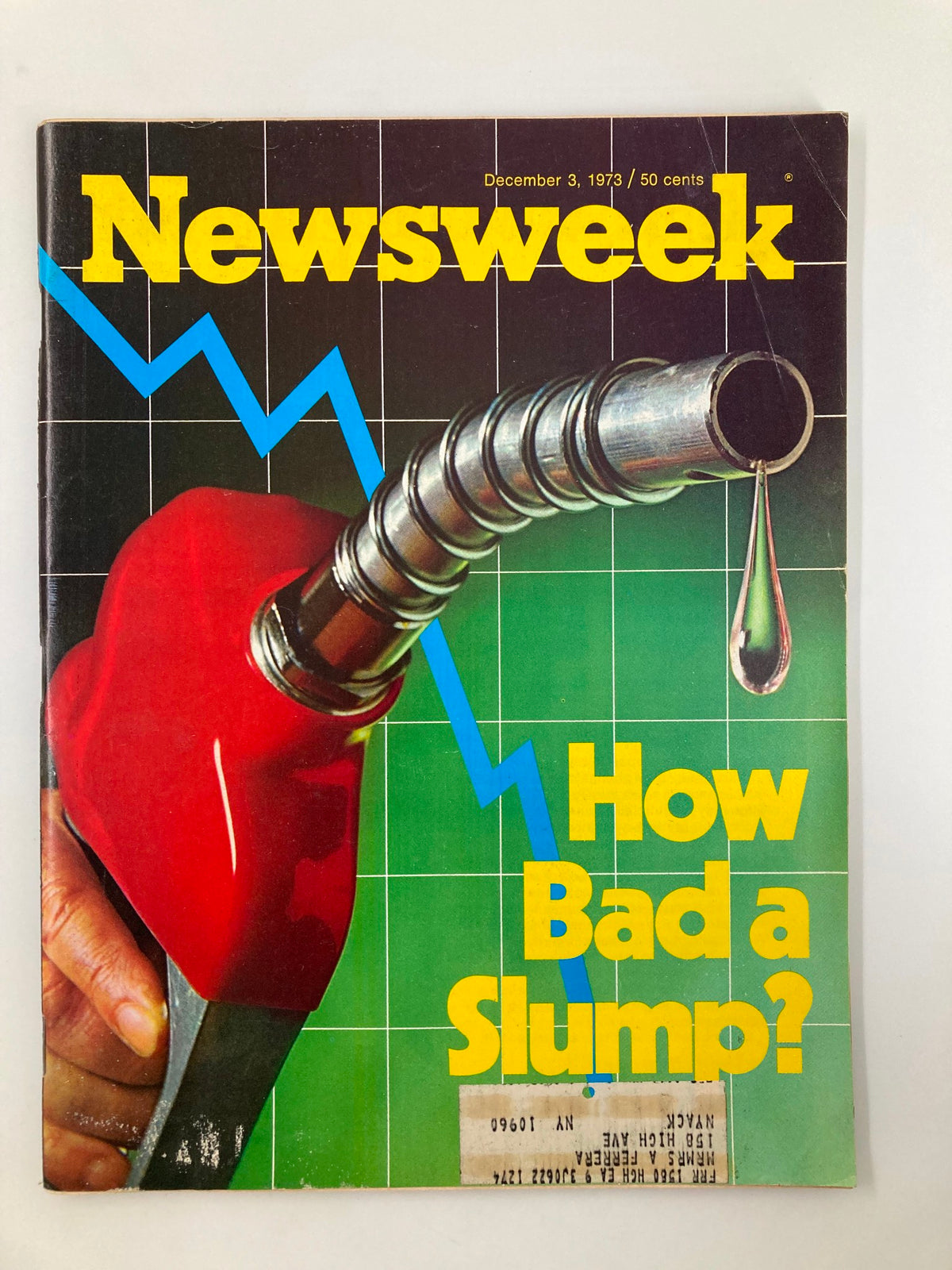 Cover of the vintage Newsweek magazine from December 3, 1973, titled 'How Bad A Slump?', featuring a vibrant design with a fuel pump and a declining economic chart.