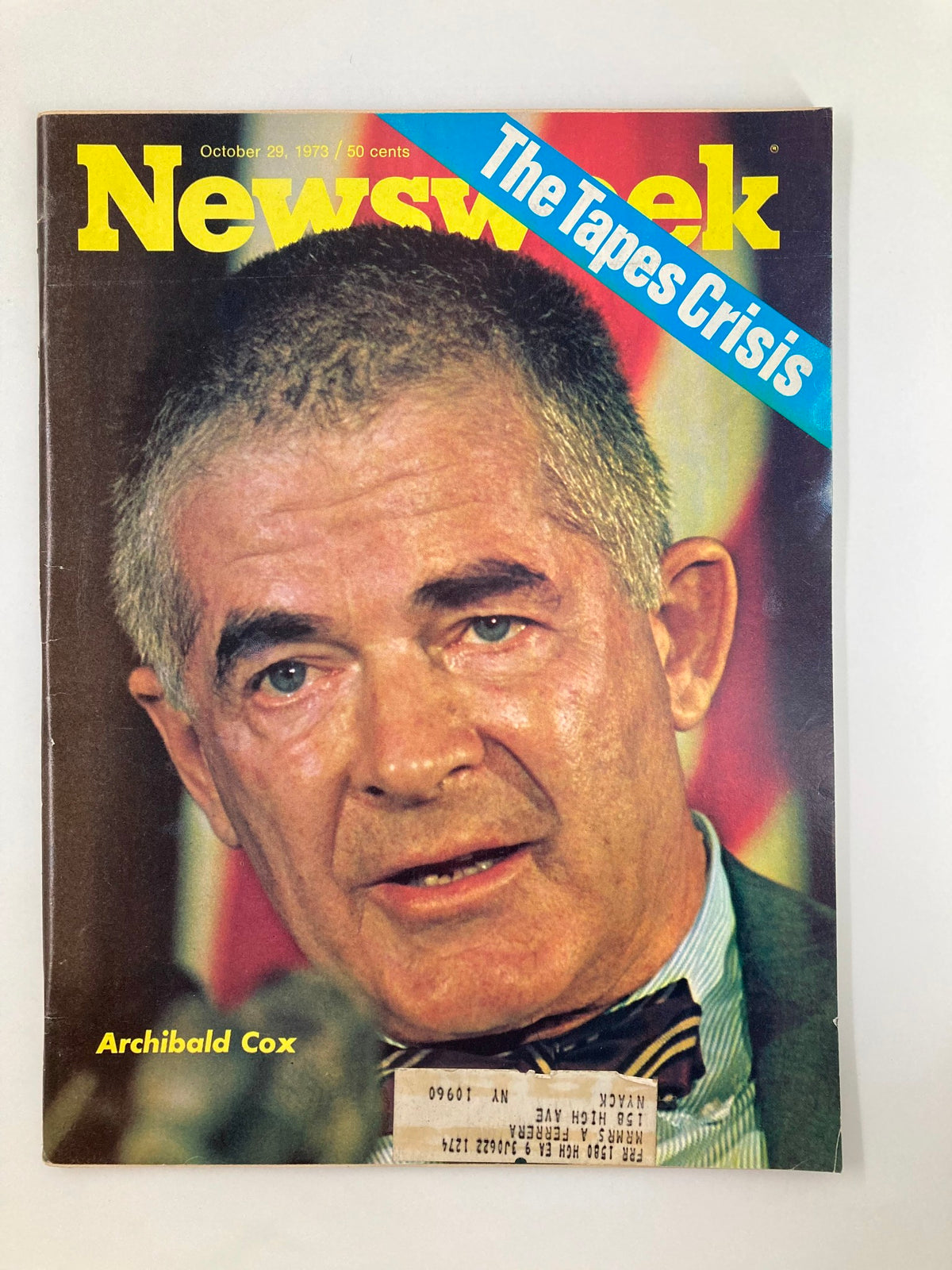 Cover of VTG Newsweek Magazine dated October 29, 1973, featuring Archibald Cox and the headline 'The Tape Crisis', highlighting a critical moment in American political history during the Watergate scandal.