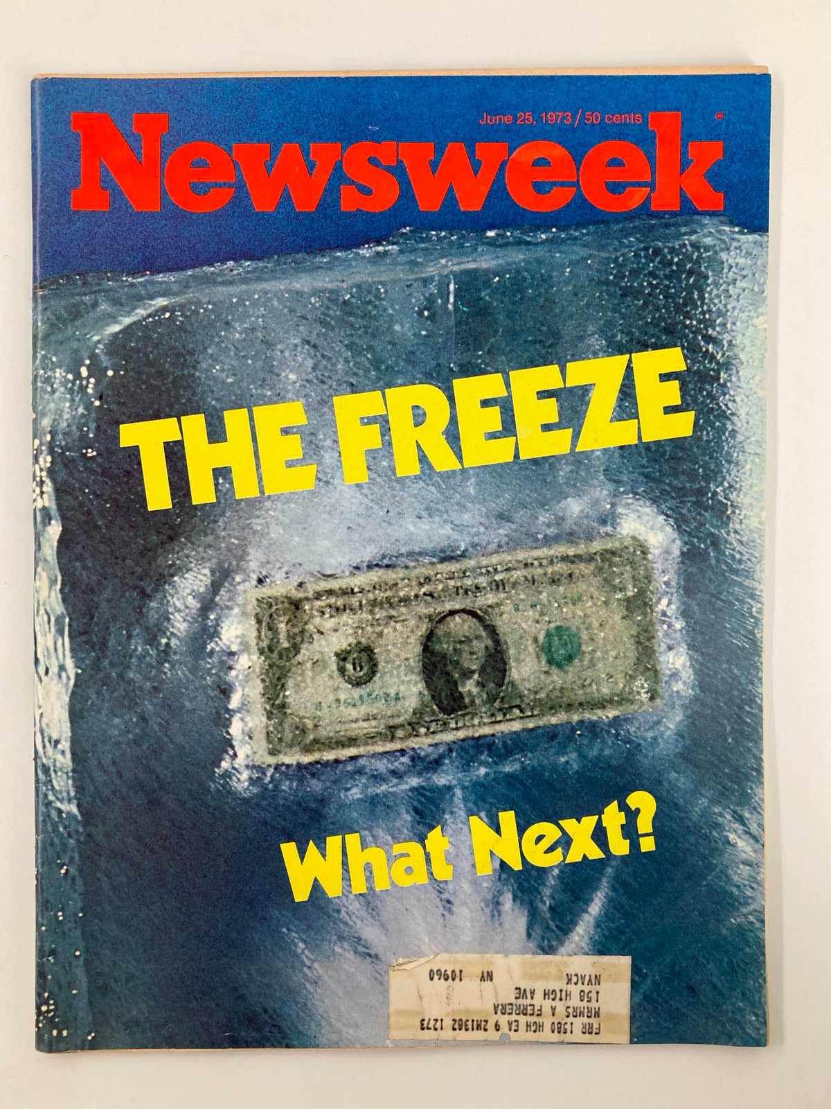 Cover of VTG Newsweek Magazine June 25 1973 featuring the title 'The Freeze Money: What Next?' with a dollar bill frozen in ice and bright yellow lettering.