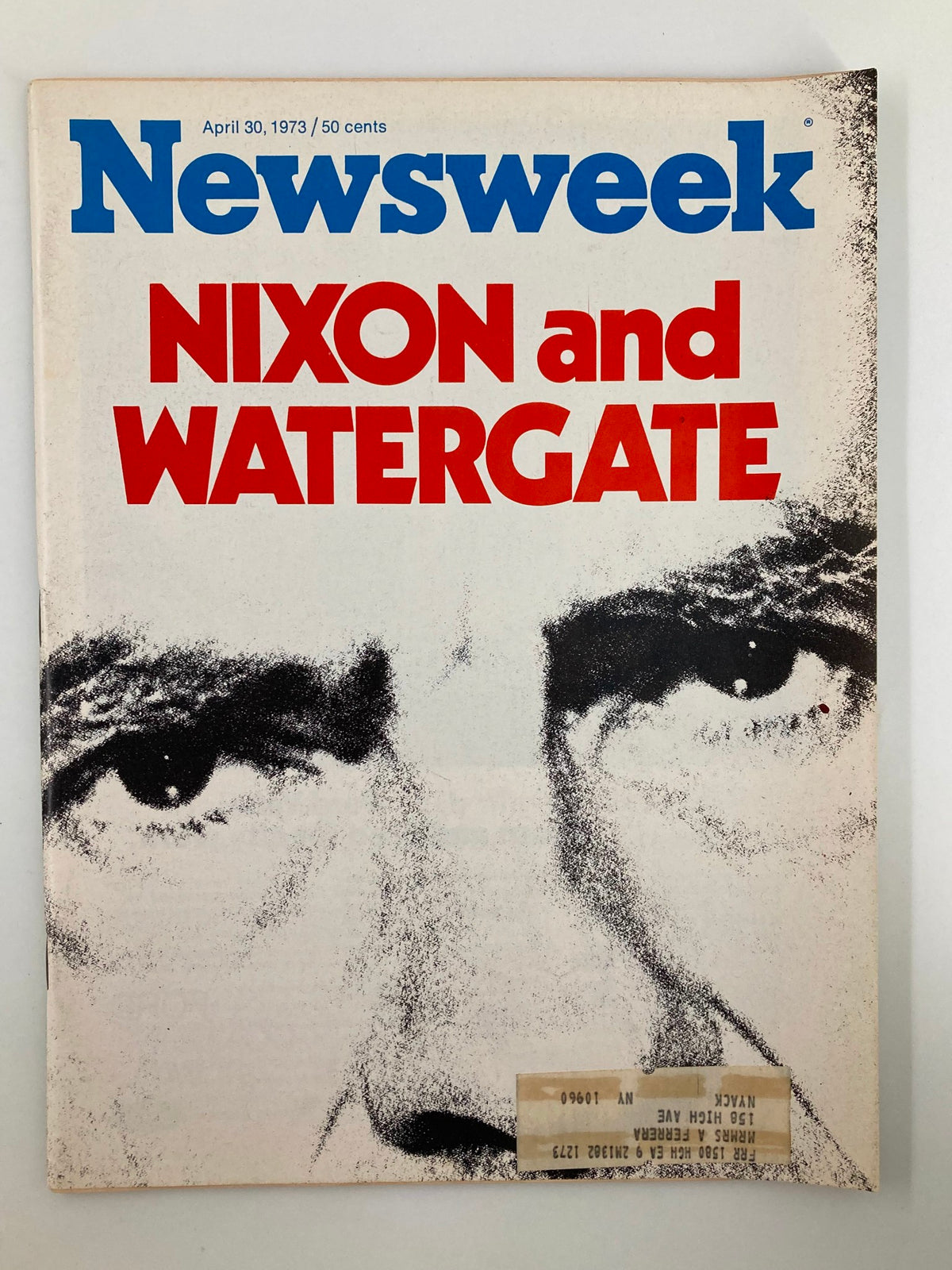 Cover of the vintage Newsweek magazine from April 30, 1973, featuring bold text stating 'NIXON and WATERGATE' alongside a stylized image of Richard Nixon's face. This collectible issue highlights a crucial moment in U.S. history related to the Watergate scandal.