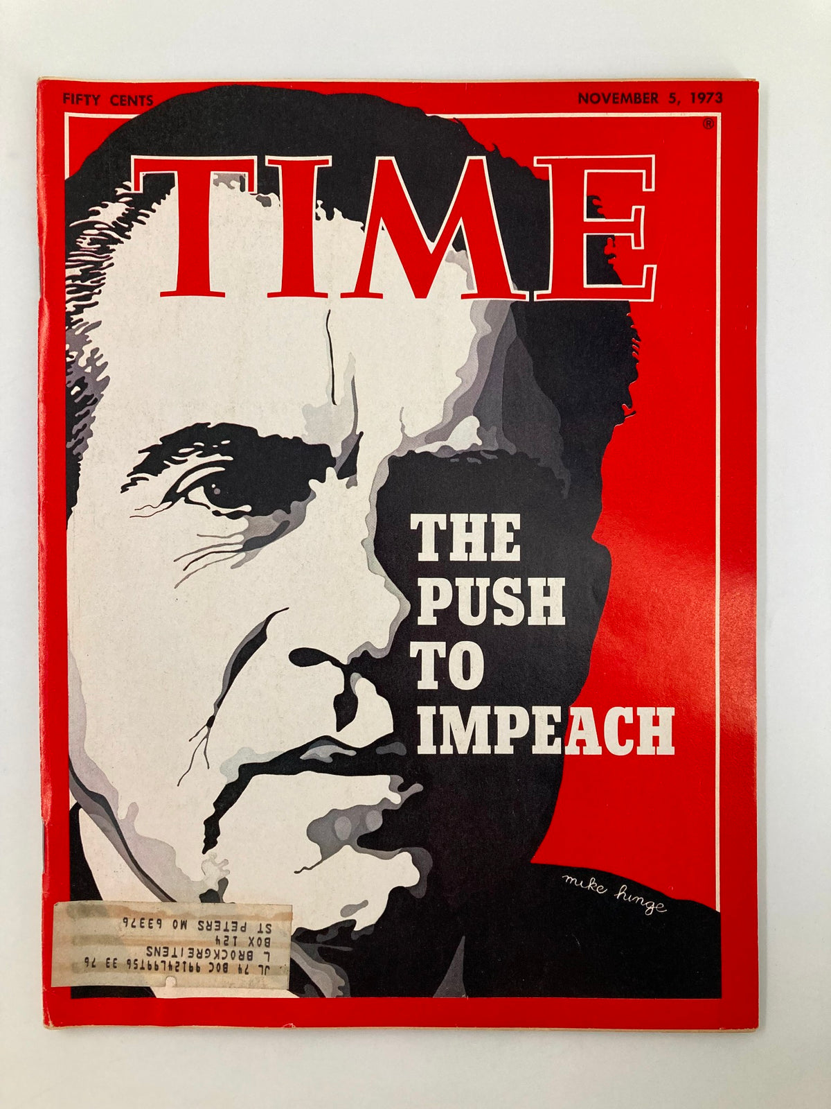 Cover of Time Magazine, November 5, 1973, featuring Richard Nixon with the headline 'The Push to Impeach'. This vintage magazine captures a pivotal moment in American history during the Watergate scandal.