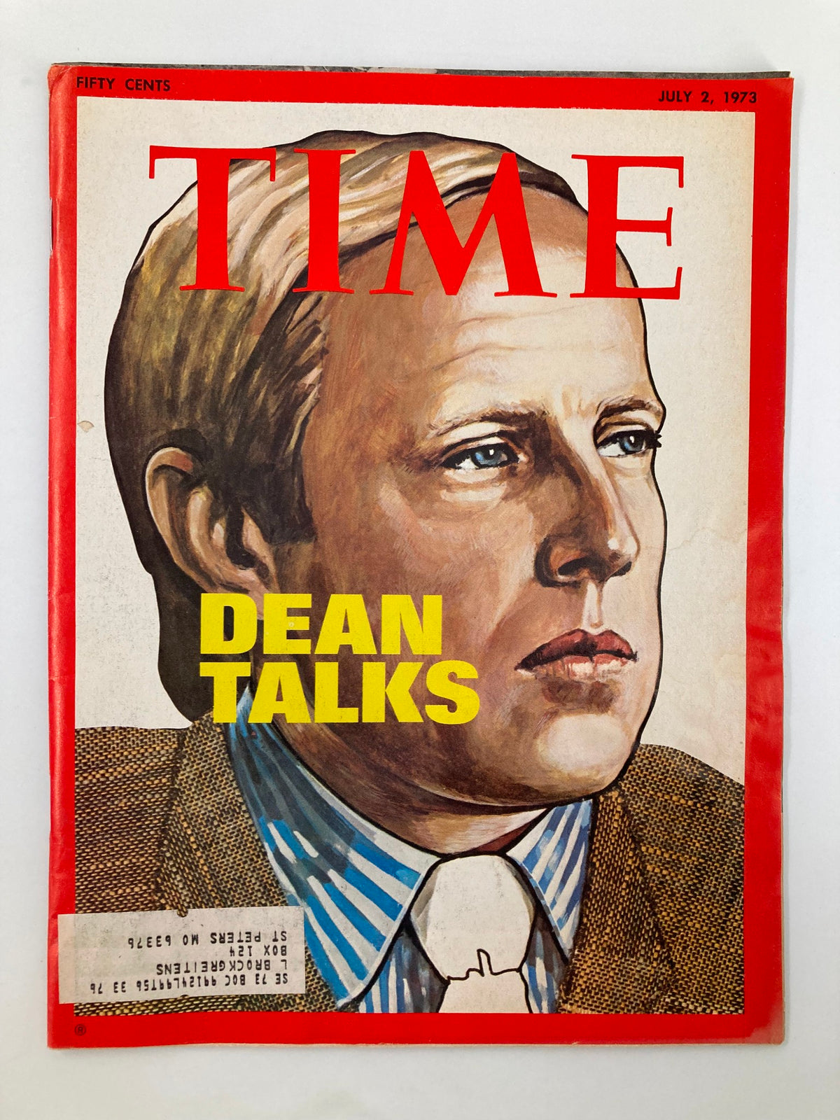 Vintage Time Magazine July 2, 1973 cover featuring an illustrated portrait of John Dean with the title 'DEAN TALKS' prominently displayed. The magazine captures the essence of 1970s political journalism.
