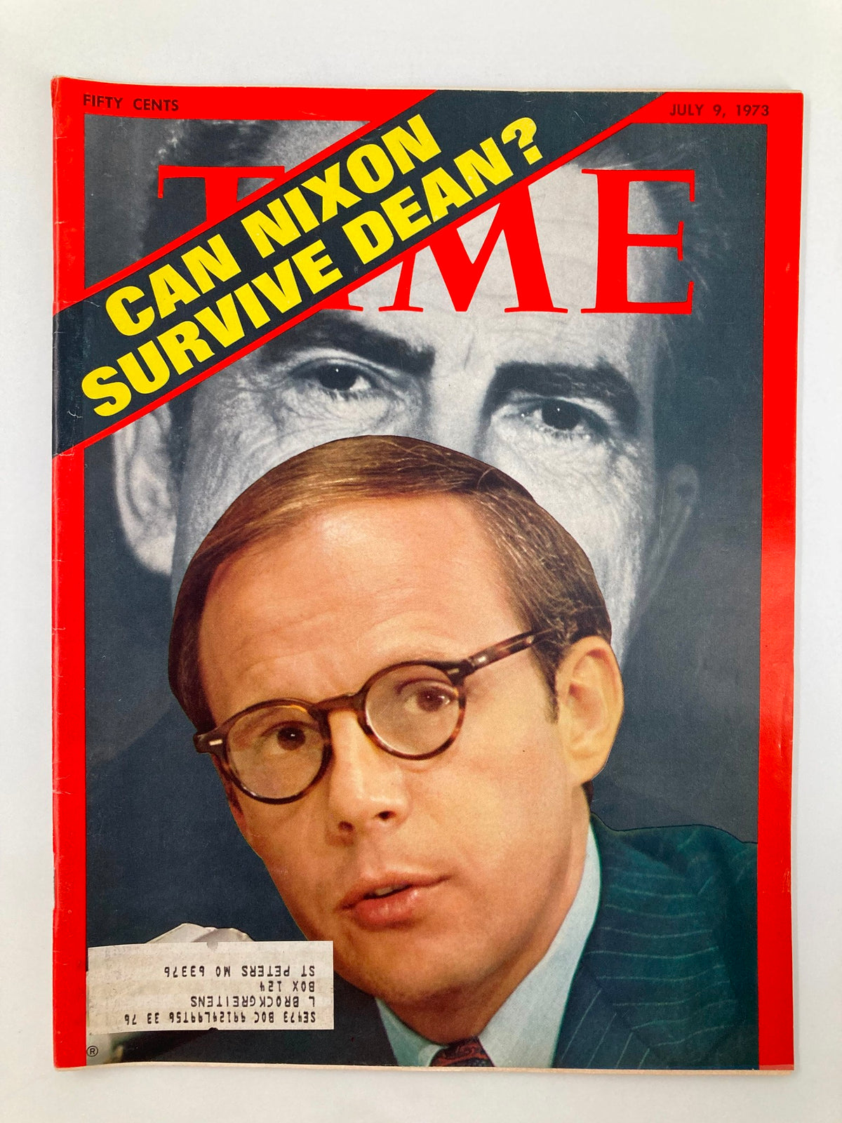 Vintage Time Magazine cover from July 9, 1973, featuring the title 'Can Nixon Survive Dean?' with a photograph of John Dean and dramatic headlines, highlighting the Watergate scandal and its political implications.