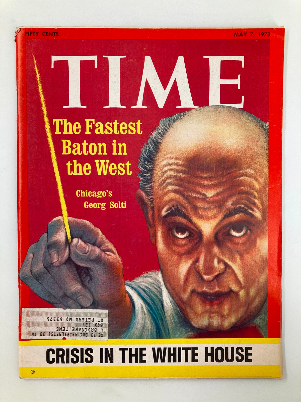 Cover of Time Magazine dated May 7, 1973, featuring George Solti, known as 'The Fastest Baton in The West.' The illustration showcases Solti's expressive expression and dynamic pose as he conducts, highlighting his influence in classical music. The magazine also covers significant cultural events from that era.