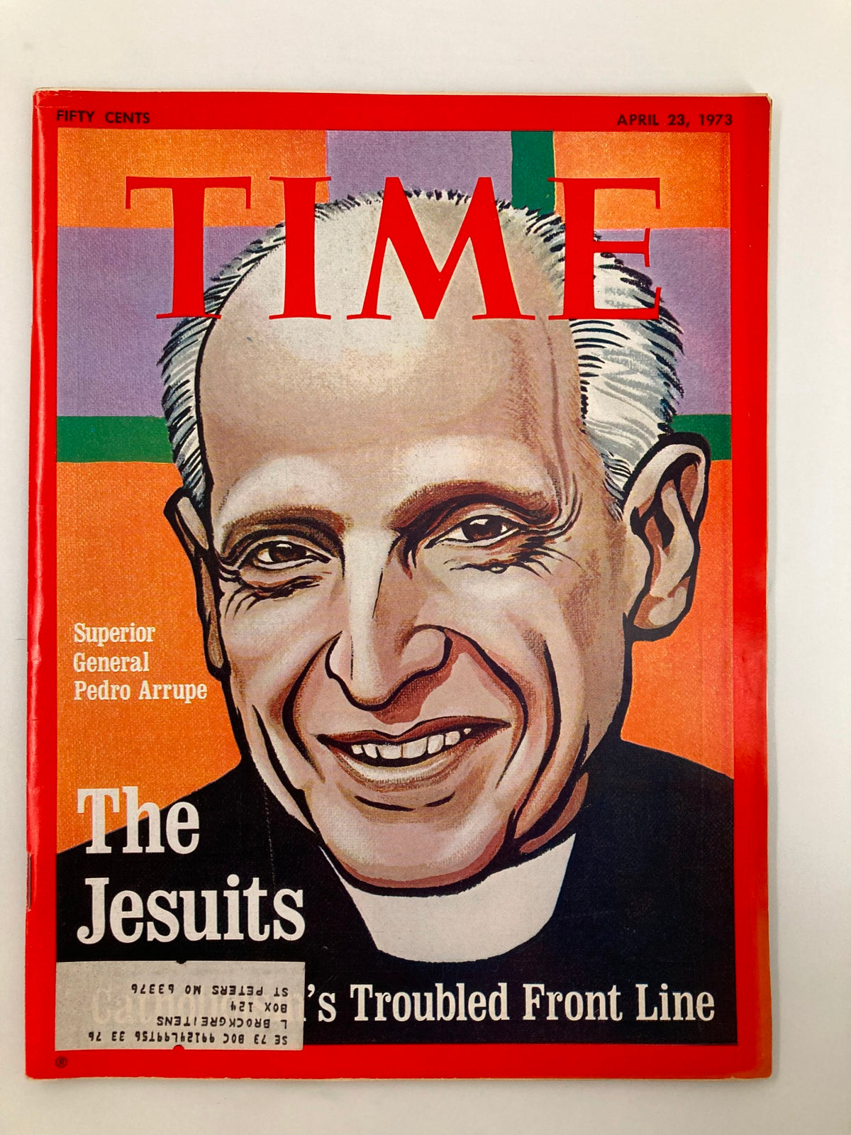 Cover of the vintage Time Magazine from April 23, 1973, featuring Superior General Pedro Arrupe, highlighting the Jesuits and their impact on social justice and education.