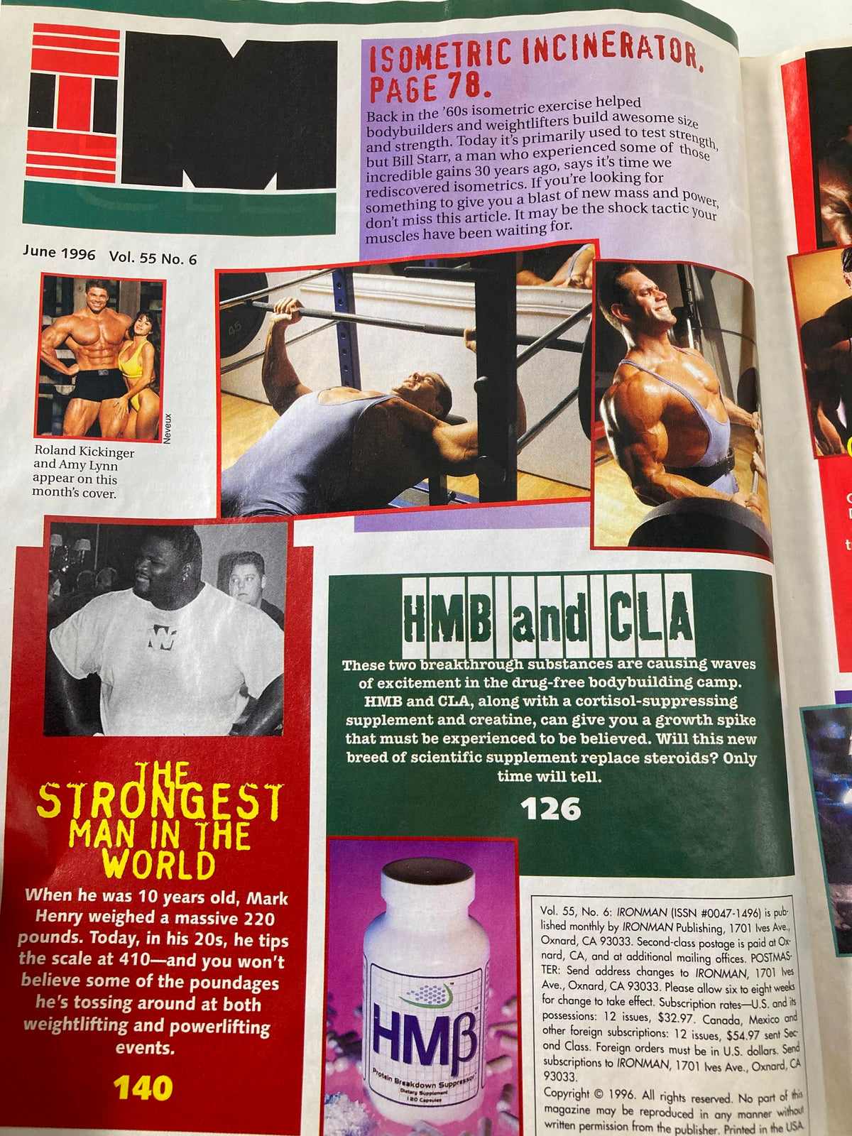 Inside page of Ironman Magazine June 1996, including an article about isometric exercise, featuring images of Roland Kickinger and Amy Lynn.