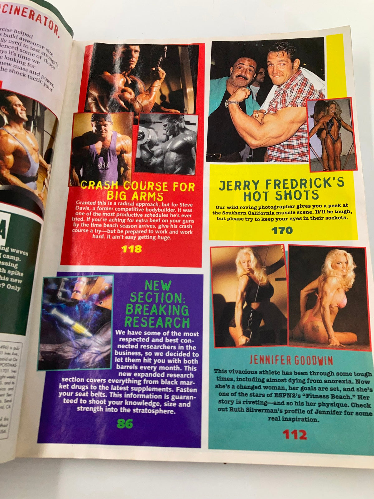 Another inside page from Ironman Magazine June 1996 detailing workout tips and new sections, highlighting famous figures in bodybuilding.