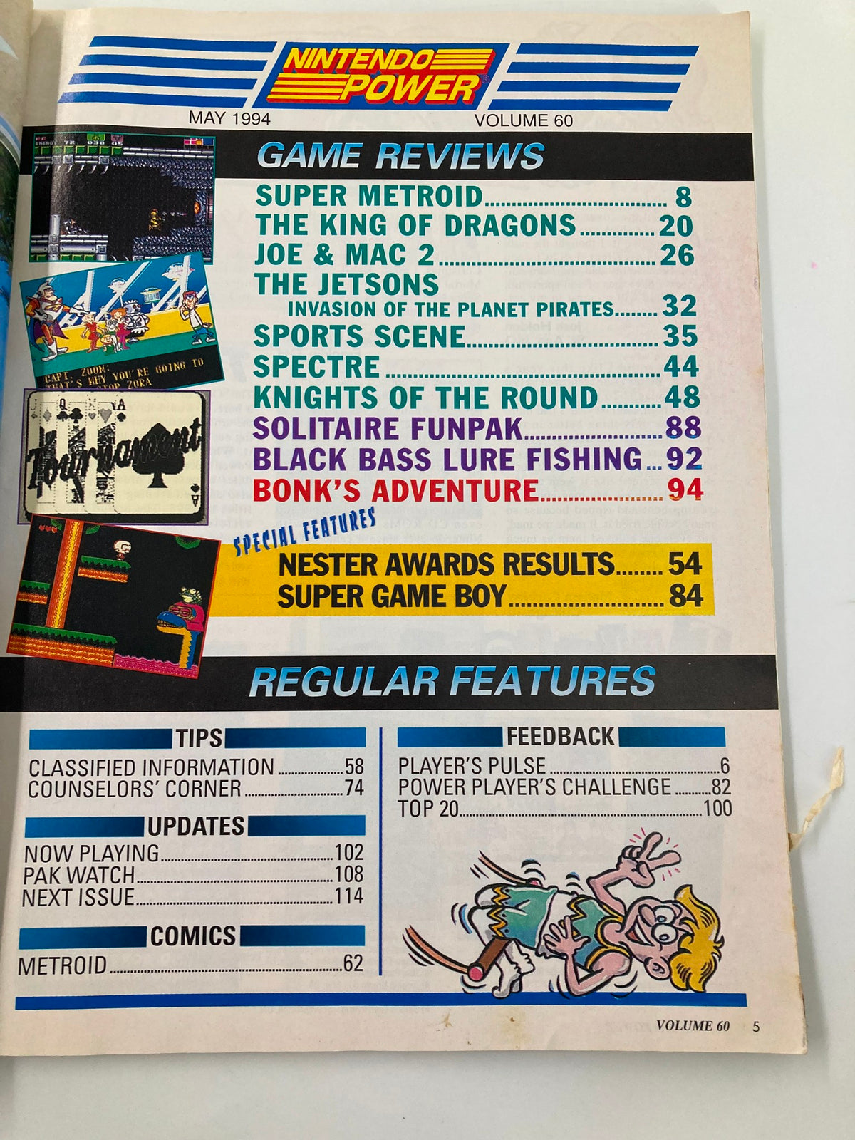 Table of contents from Nintendo Power Magazine May 1994 Vol. 60, featuring game reviews including Super Metroid and regular features like tips and feedback.