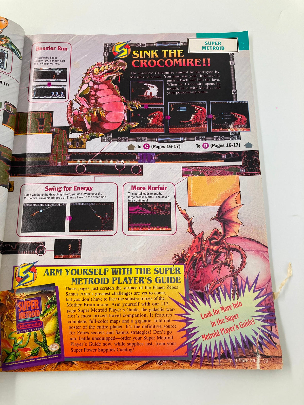 Gameplay strategies for Super Metroid in Nintendo Power Magazine May 1994 Vol. 60, highlighting the boss Crocomire and game mechanics advice.