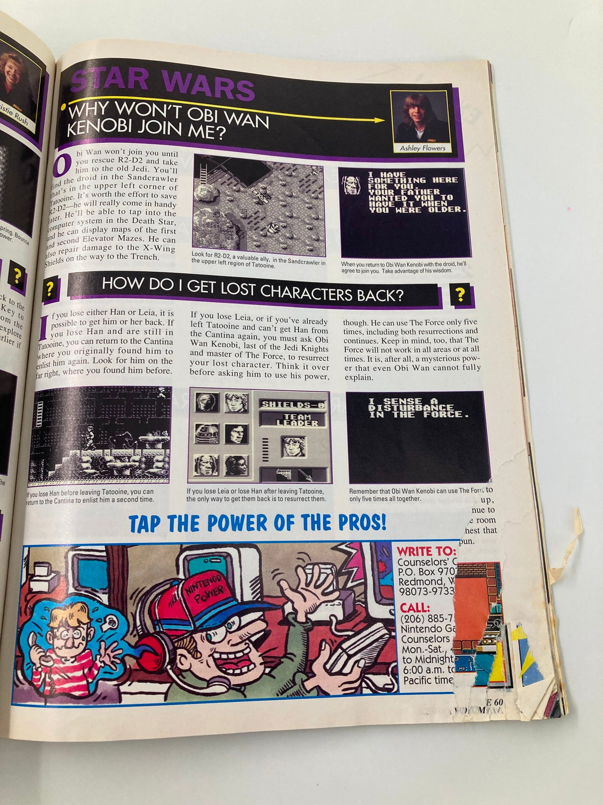 A section on Star Wars gameplay strategies in Nintendo Power Magazine May 1994 Vol. 60, featuring tips for character recovery and hints.