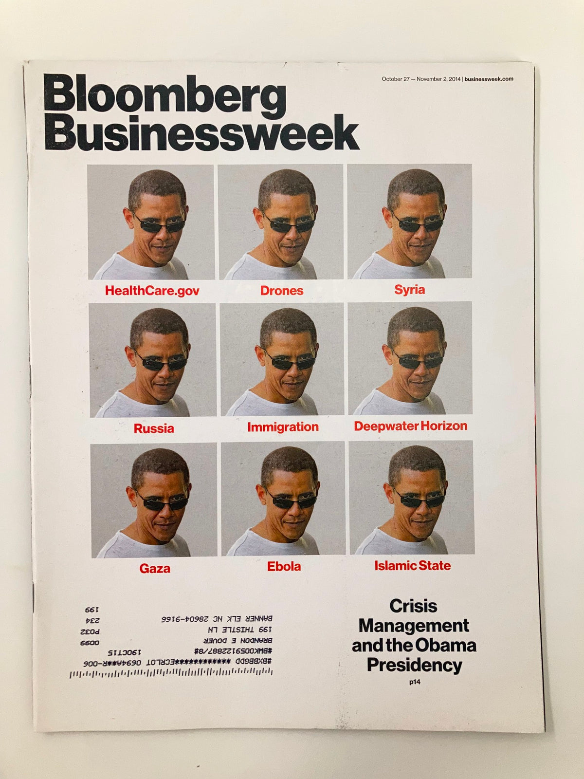 Cover of Bloomberg Businessweek Magazine, October 27, 2014, featuring analysis on the Barack Obama presidency, with images representing key issues like Healthcare, Drones, Syria, and more.