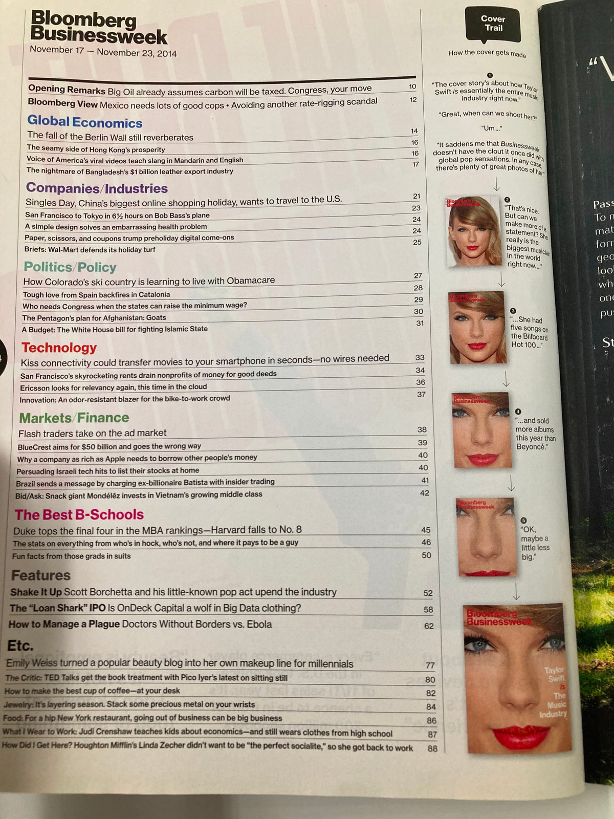 Bloomberg Businessweek Magazine November 17 2014 cover page featuring Taylor Swift, highlighting her influence on the music industry with various article sections outlined.