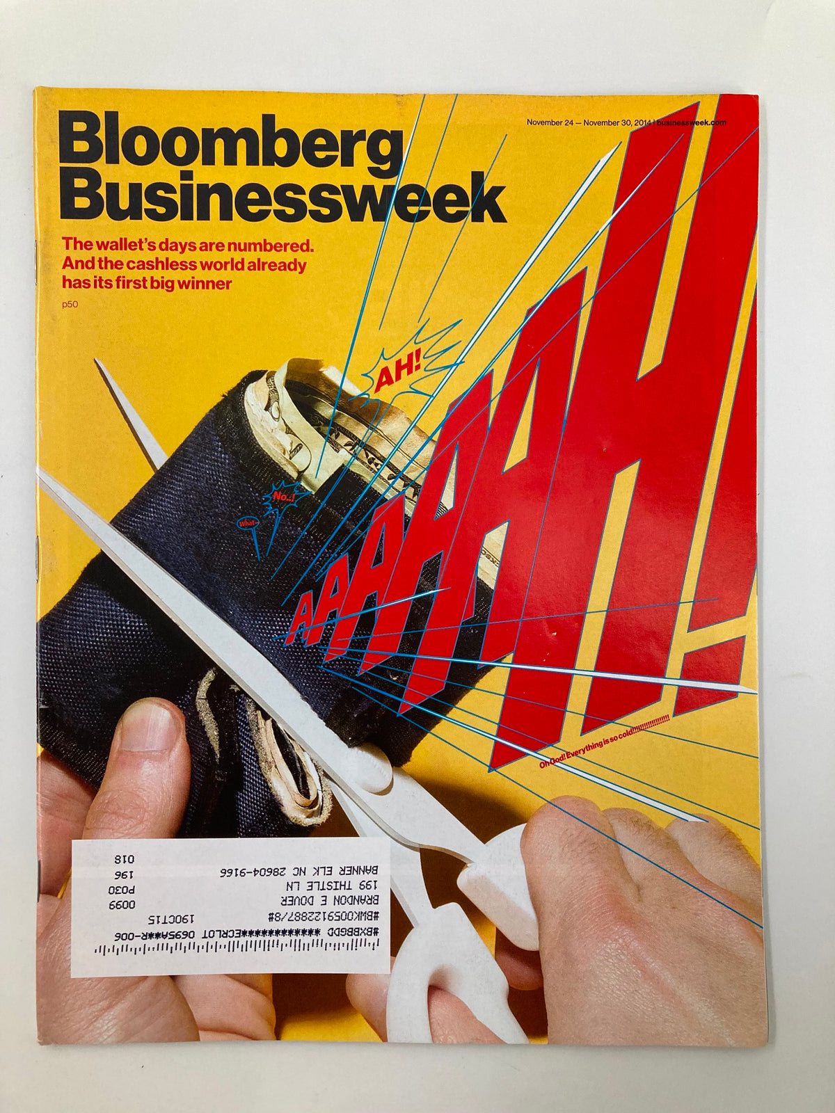 Cover of Bloomberg Businessweek Magazine from November 24, 2014, titled "The Wallet Day's Are Numbered," showcasing a striking graphic with bold colors and an illustration of a wallet being cut, symbolizing changing trends in personal finance.