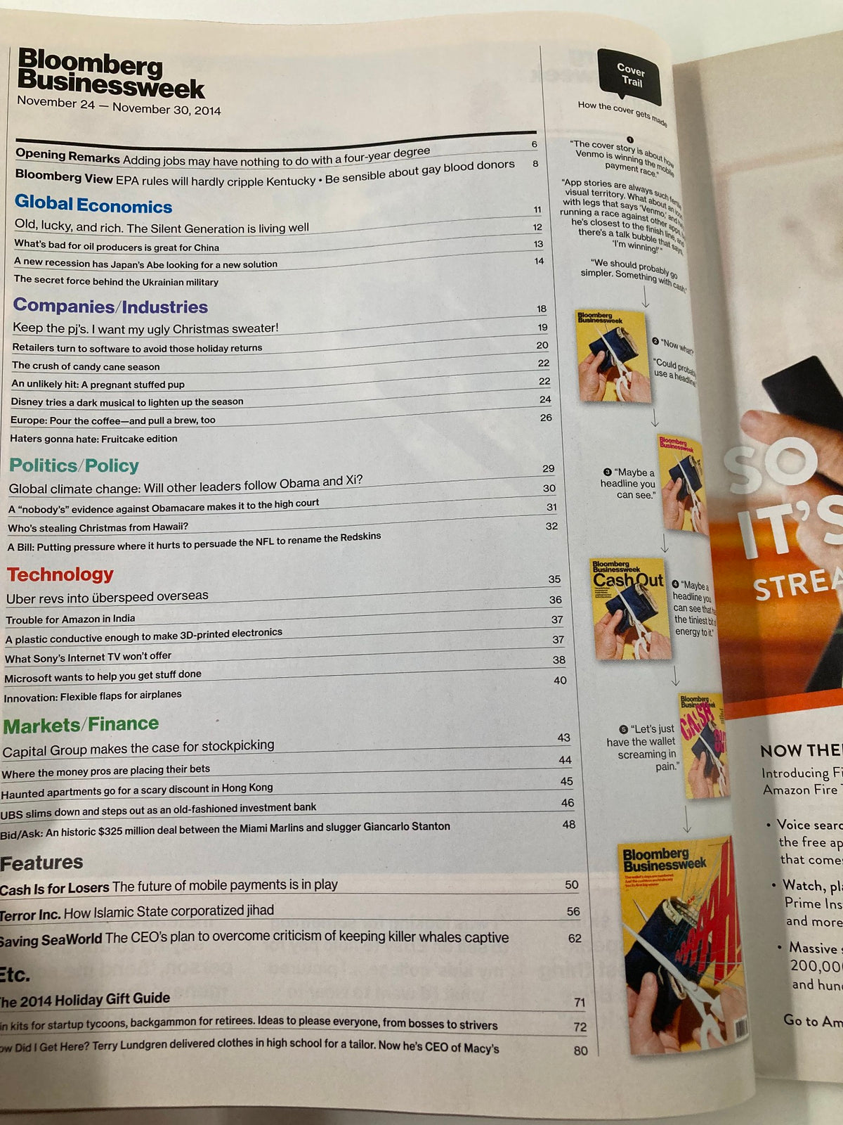 Table of contents from Bloomberg Businessweek Magazine, November 24 to November 30, 2014, featuring sections on economics, personal finance, and key articles aligned with the theme "The Wallet Day's Are Numbered."