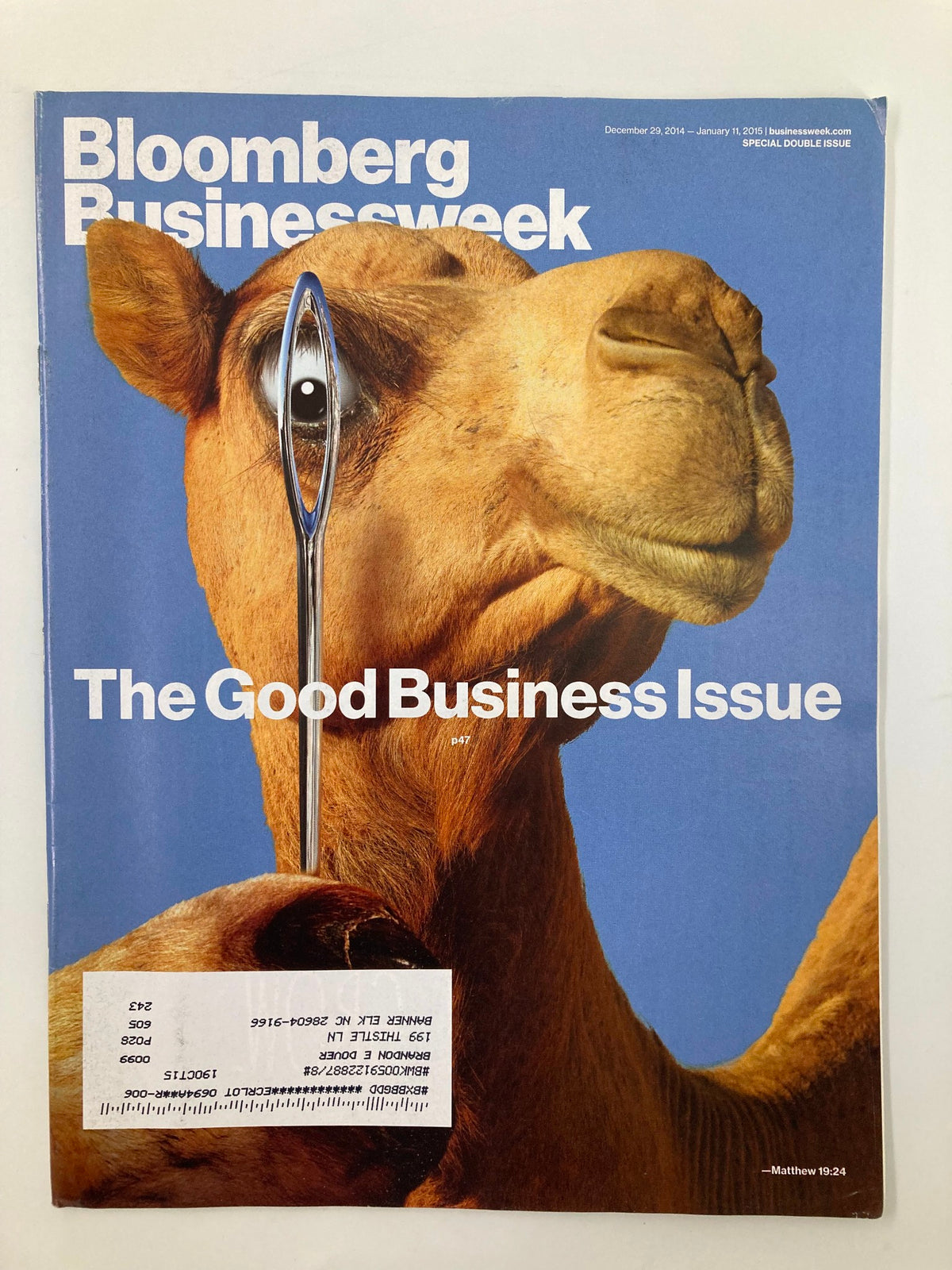 Cover of Bloomberg Businessweek Magazine December 29, 2014, featuring a camel with a spoon, titled 'The Good Business Issue'. This edition explores contemporary business practices and leadership.