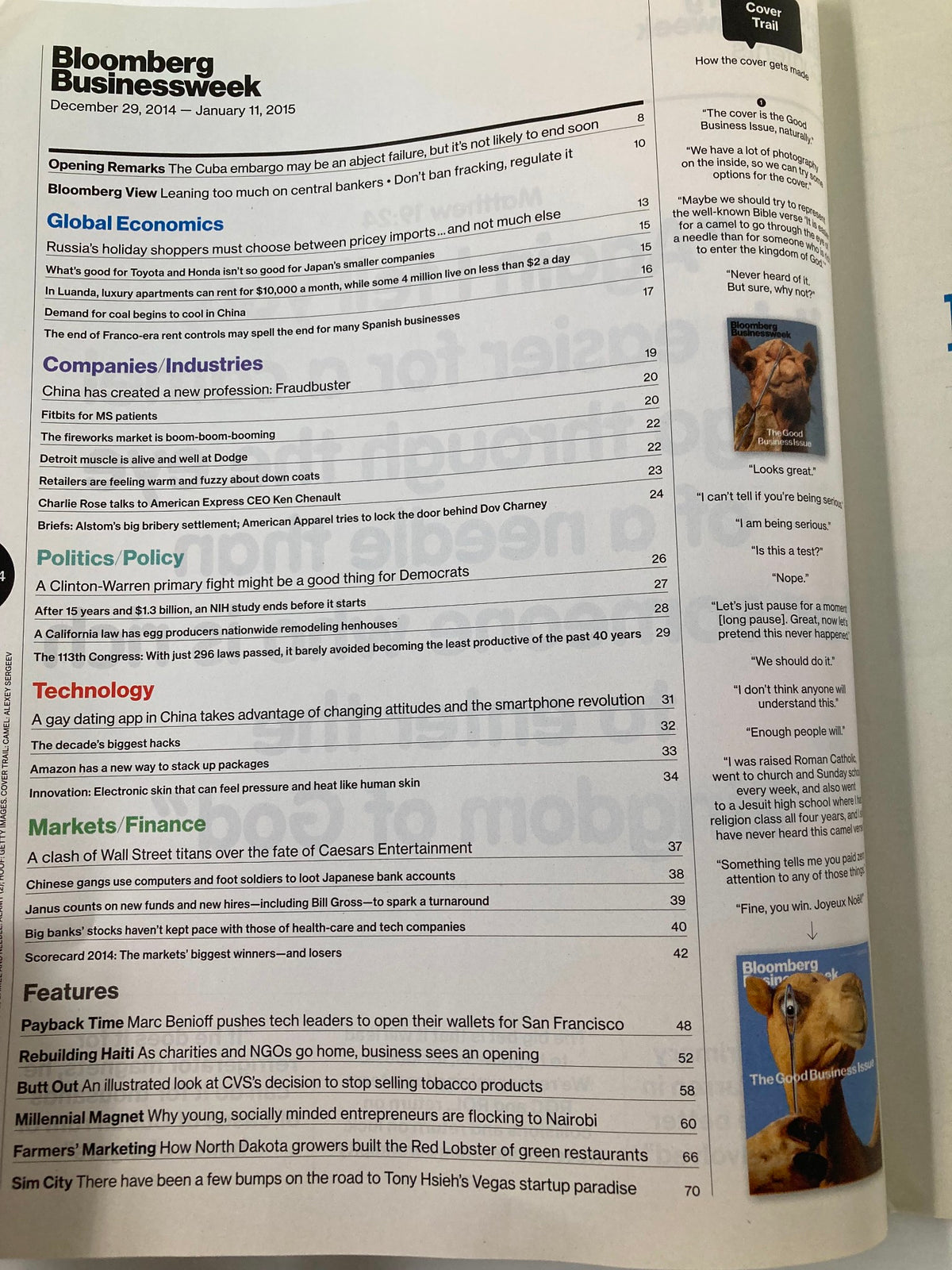 Table of contents from Bloomberg Businessweek Magazine December 29, 2014, detailing articles and features in 'The Good Business Issue', showcasing topics on global economies and business strategies.