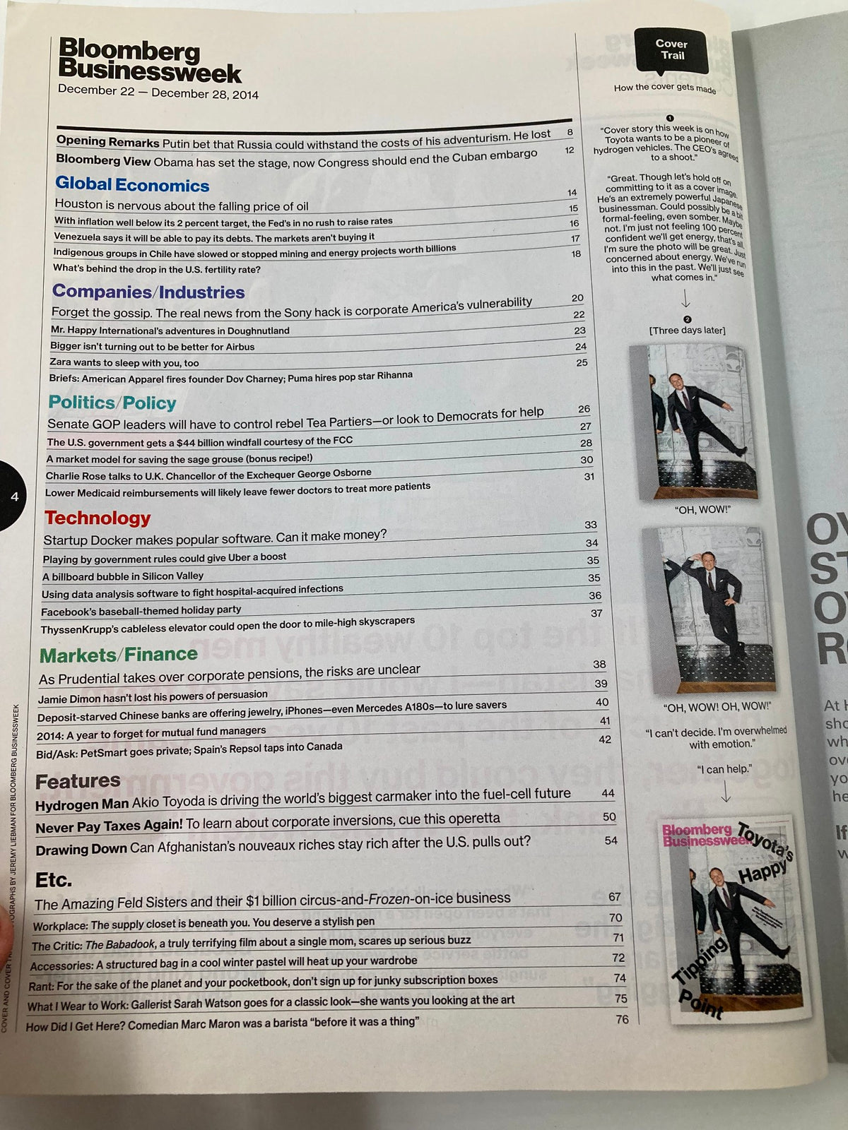 Inside page of Bloomberg Businessweek Magazine December 22, 2014, displaying contents including articles on Akio Toyoda and Toyota's role in the automotive industry.
