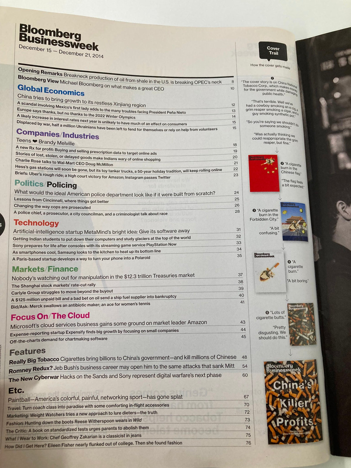 Table of contents page from Bloomberg Businessweek, December 15, 2014, highlighting the features of the issue 'China's Killer Profits' with various article topics and insights.