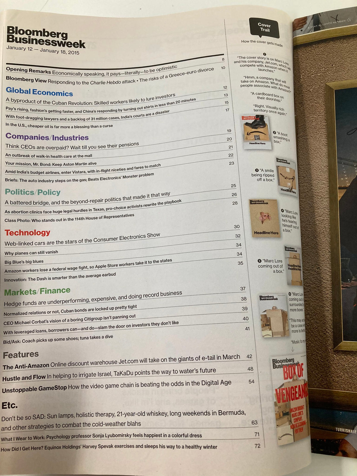 Bloomberg Businessweek Magazine January 12 2015 interior page showcasing the contents list, including the article about Amazon's acquisition of Marc Lore's company.
