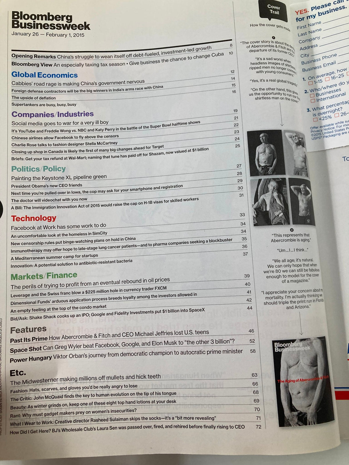 Contents page of Bloomberg Businessweek Magazine dated January 26 - February 1, 2015 with sections including technology, politics, and features, prominently listing the article 'The Aging of Abercrombie & Fitch' in context.