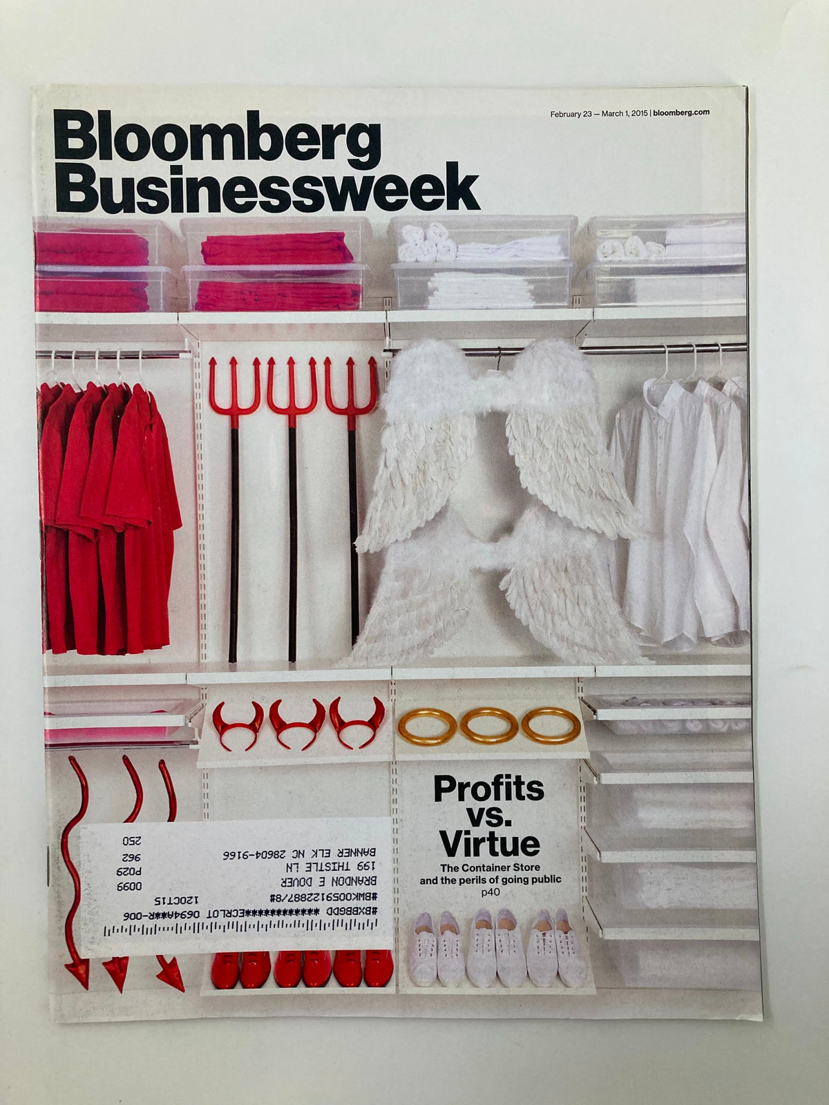 Cover of Bloomberg Businessweek Magazine dated February 23, 2015, featuring the title 'Profits vs. Virtue' with a creative display of angel and devil costumes, symbolizing the conflicting themes of ethics and profit in business.