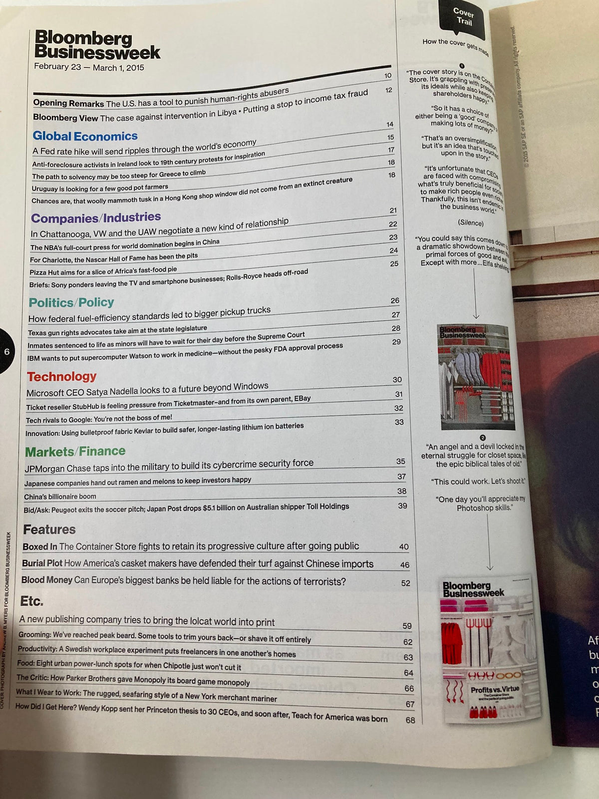 Table of contents from Bloomberg Businessweek Magazine February 23 - March 1, 2015, outlining the features of the issue including sections on global economics, technology, and a focus on business ethics under the title 'Profits vs. Virtue'.