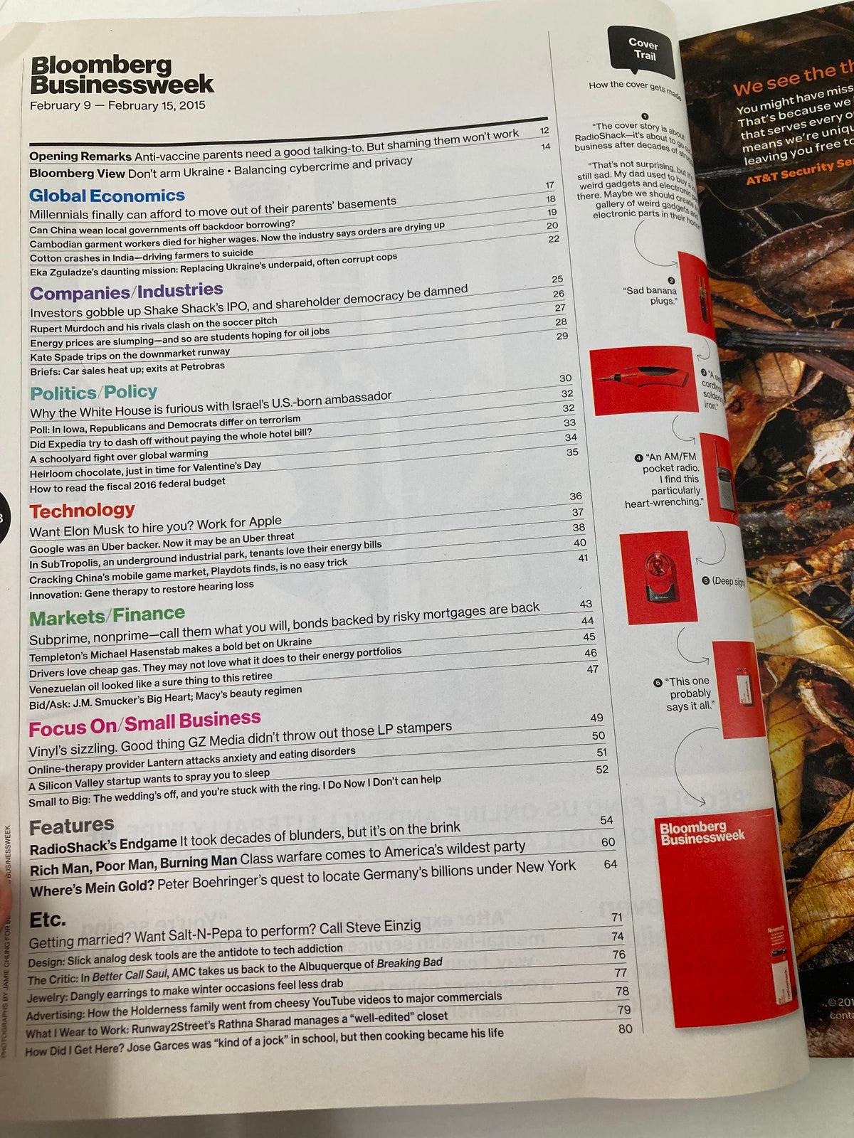 Table of contents page from Bloomberg Businessweek Magazine February 9, 2015 detailing articles including global economics, technology, and finance.